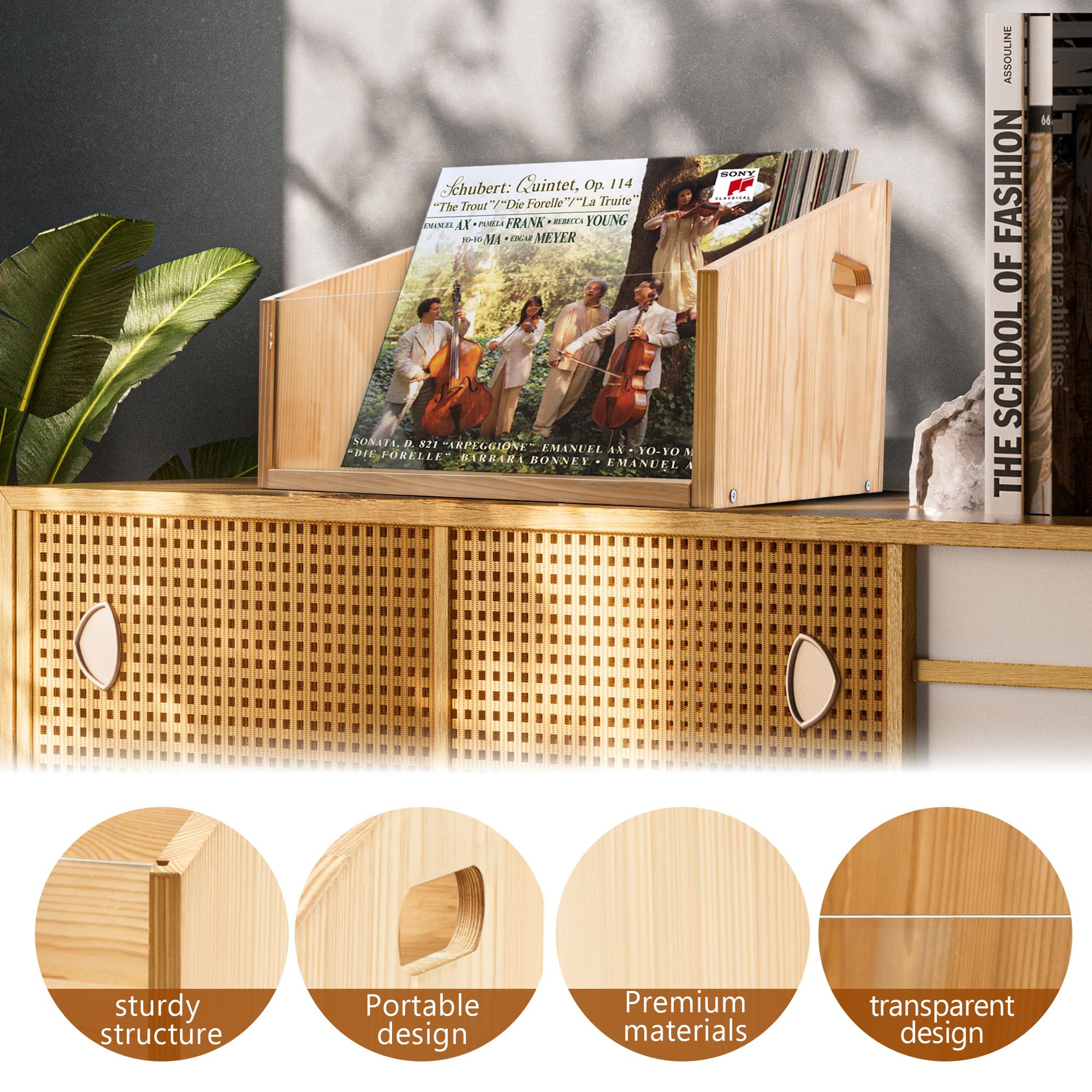 GRETJOB Cassetta per dischi in vinile, in legno e acrilico, può contenere oltre 70 dischi, libri, cartelle, per scrivania e casa e ufficio, con manico (colore legno naturale)