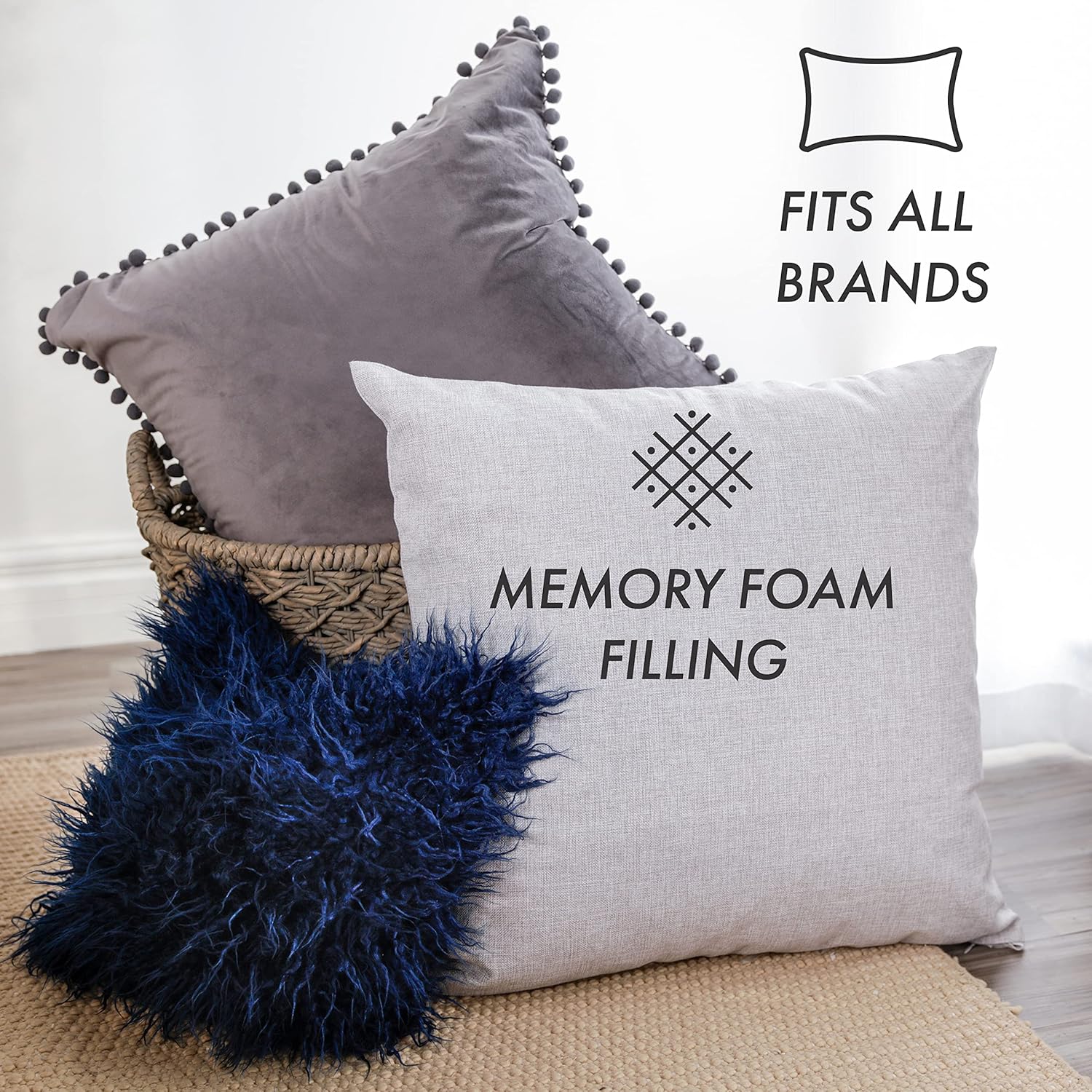 16" x 16" Memory Foam Stuffer Pillow Insert Sham Square Pillow Cushion for Extra Comfort & Support, Zip Pocket w/Mini Stuffer Zip-in Insert - Adjustable with Any Decorative Cover