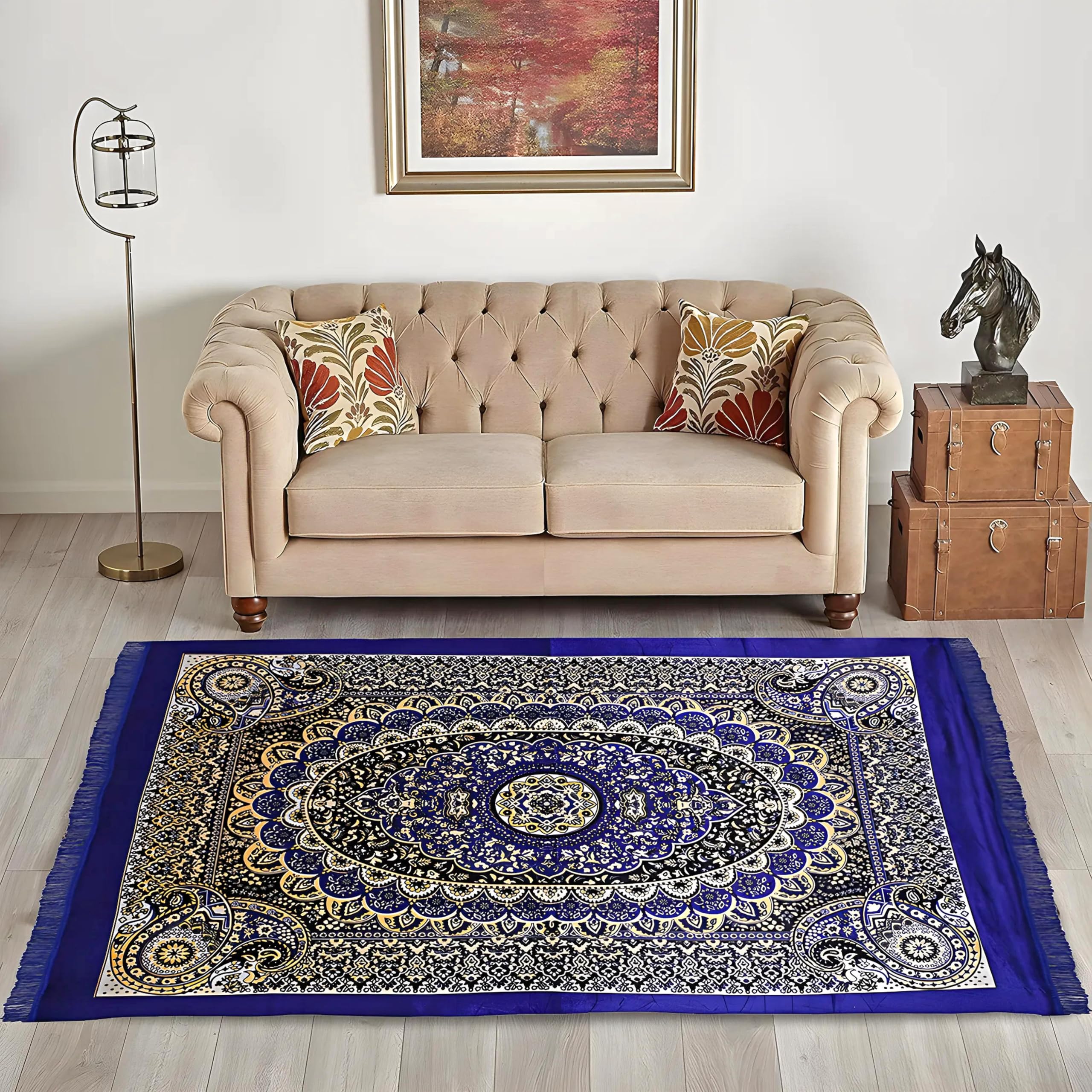 Kuber Industries Carpet|Water Absorption Kalamkari Paisley Pattern Floor Mat|Velvet Sitting Carpet for Hall, Living Room, 5x7 Feet (Navy Blue) |Rectangular