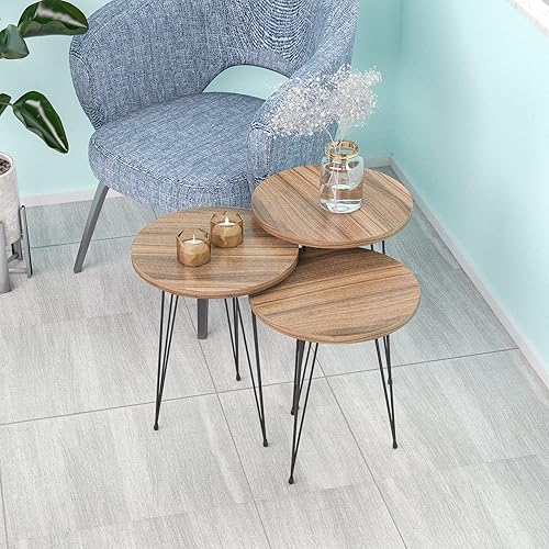 Miniatura 6 de Juego de 3 anidados redondos, base moderna de aspecto de grano de madera para mesas de centro o mesitas de noche, mesa auxiliar, mesa auxiliar