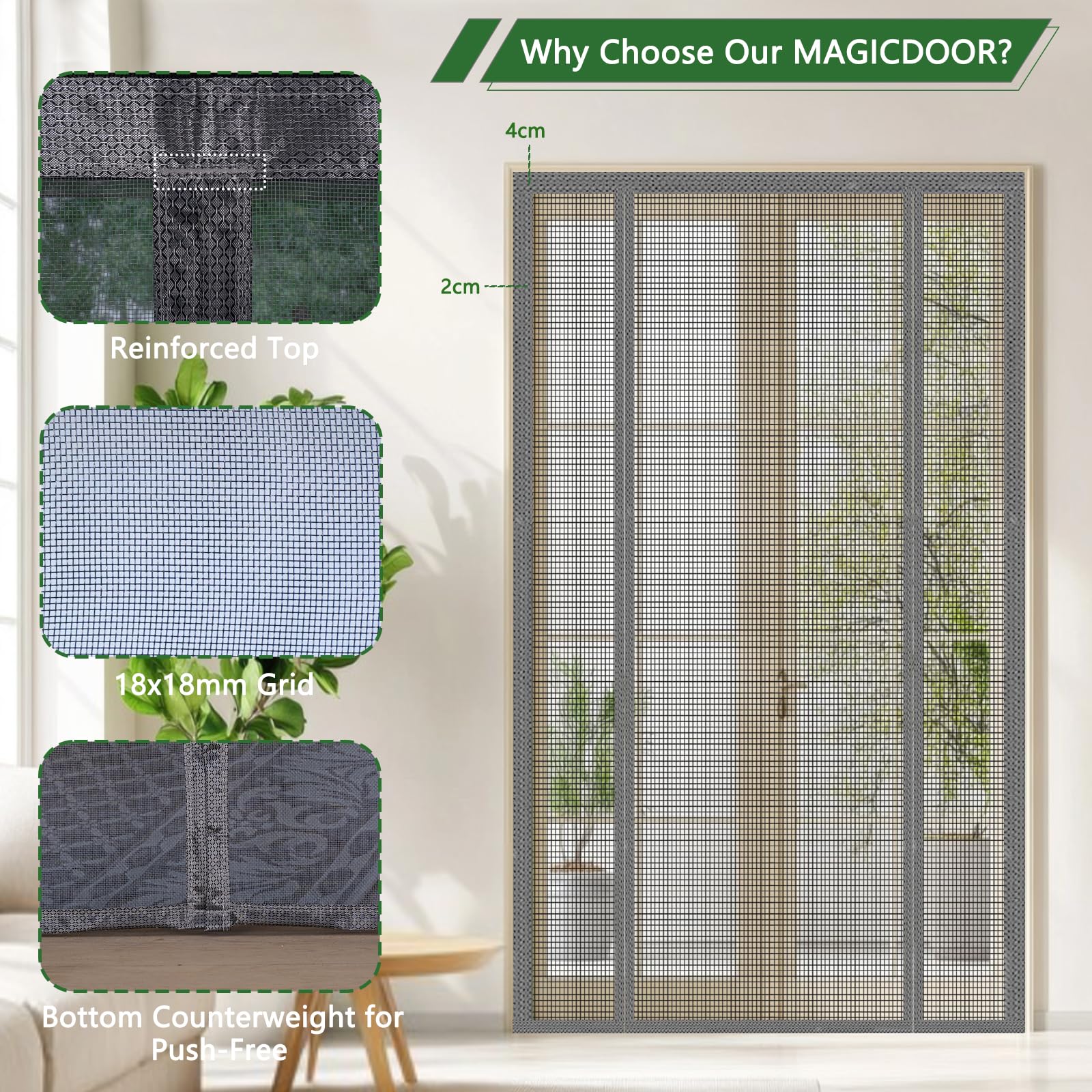 MAGICDOOR Moustiquaire Magnétique à Double Ouverture 240x220cm-Gris | Fibre de Verre Rideau de Porte Antimoustique Moustiquaire Fenetre Mailles Fines, Rideaux Aimantée pour Française Coulissante