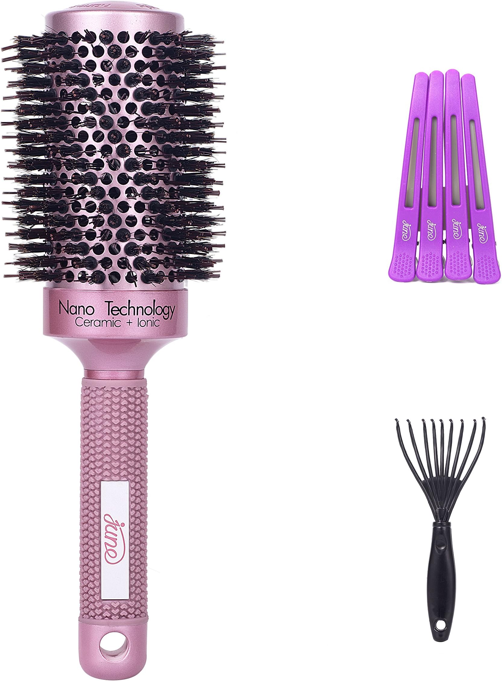 [Upgrade] Round Hair Brush Twill with Boar Bristle, 4 Hair Clips & Cleaner for Blow Drying, Curling & Straightening, Professional Salon Styling Brush, Nano Technology Ceramic for Shine