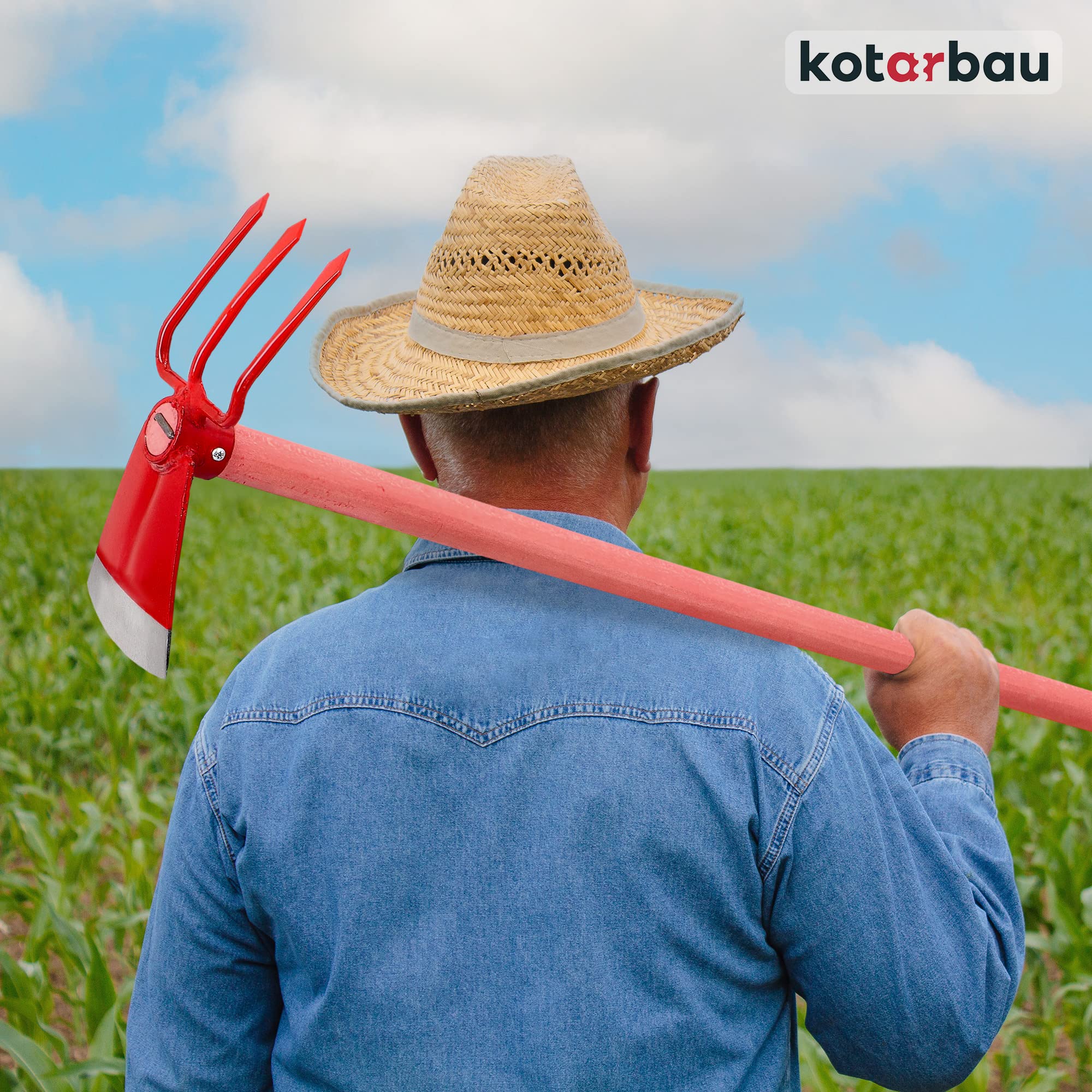 KOTARBAU® Azada de campo, 110 x 135 mm, con 3 dientes, 107 mm, de acero, mango de madera de 120 cm, azada doble, azada para plantar, herramienta de jardín para trasplantar, deshierbe, accesorios de