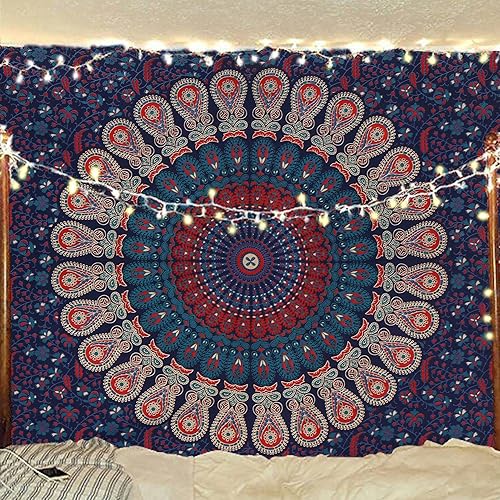 Miniatura 153 de Tapiz hippie indio bohemio psicodélico dorado mandala de pavo real azul dorado para colgar en la pared (naranja marrón, King (88 x 104 pulgadas)