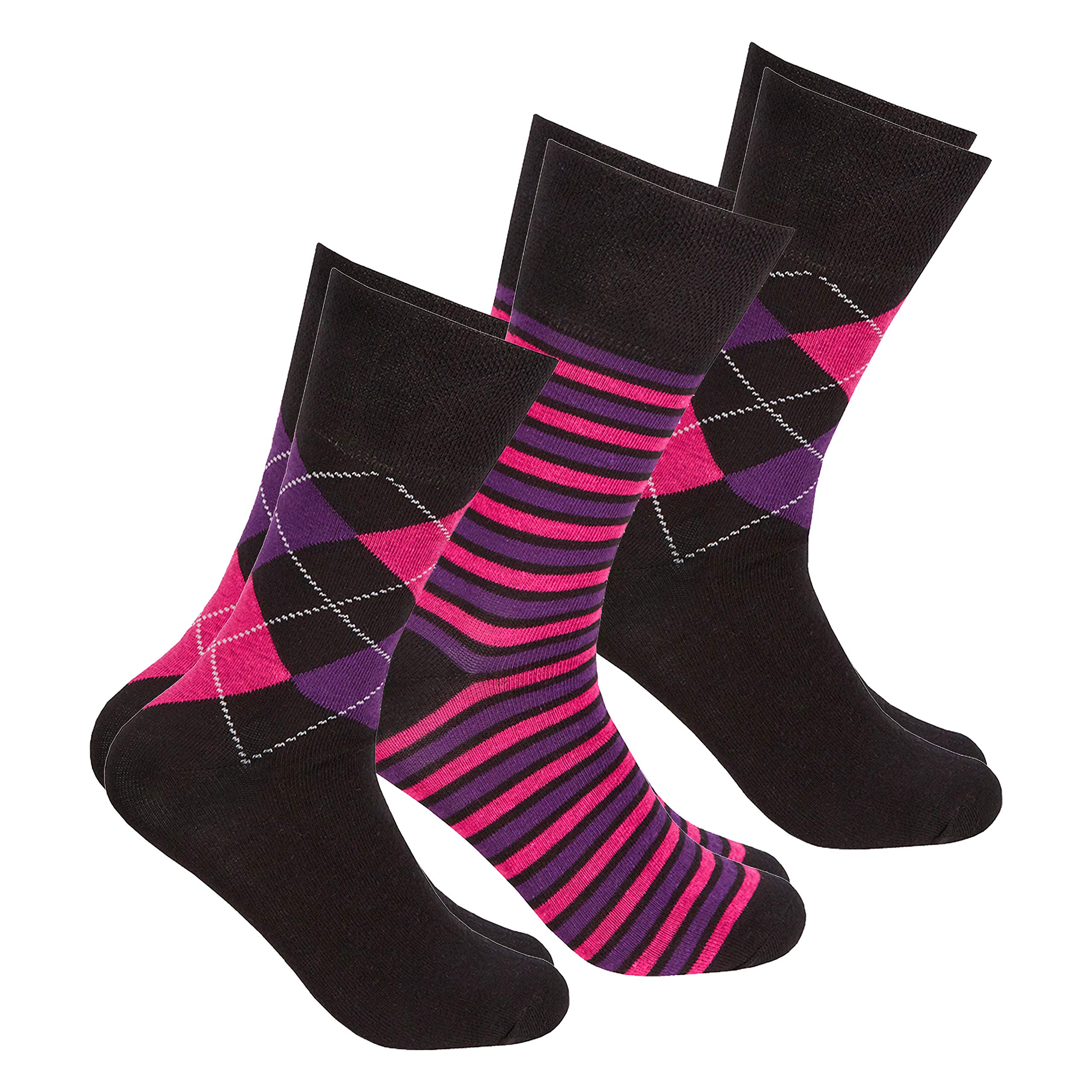 Metzuyan Ladies Diabetic Socks Non Elastic Loose Top Cotton Rich Black Argyle 4-8