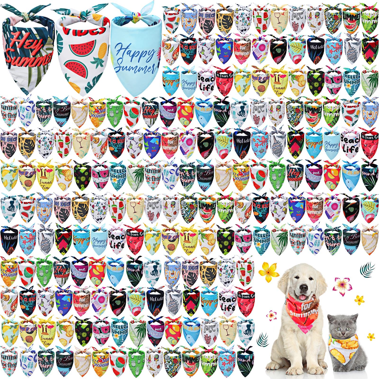 Kacctyen 200 Pcs Dog Bandanas for Summer Bulk Hawaiian Pet Scarf Bibs Adjustable Washable Kerchief Seasonal Pet Costume Accessories Grooming Supplies for Small to Large Cats Dogs