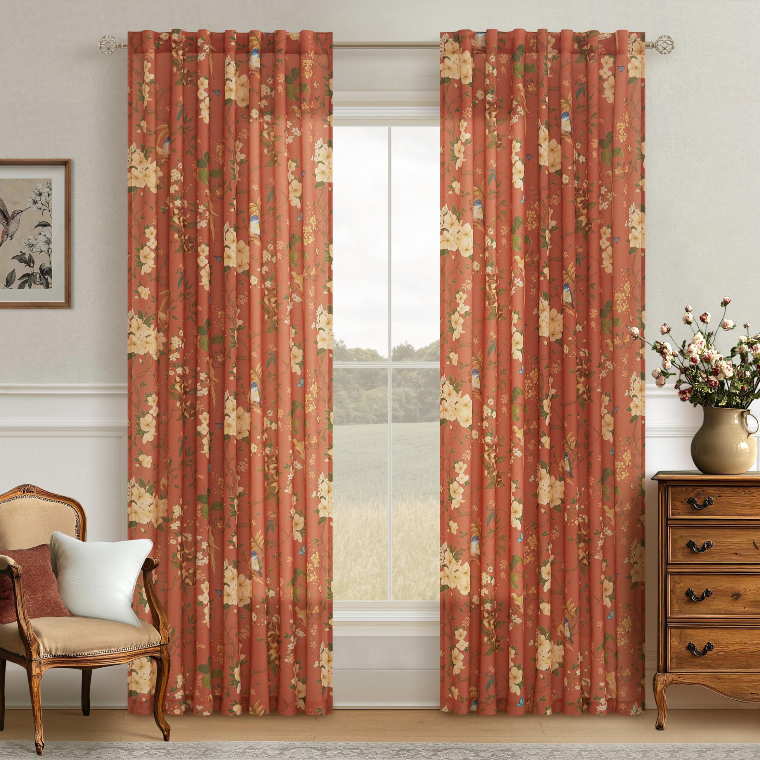 Terracotta Floral Bird Linen Curtains for Living Room Dining 84 Inches Long | 2 Panels,Back Tab,Boho Vintage Farmhouse,Flower Pattern, Semi Sheer,Light Filtering,Window Drapes For Bedroom,Fall Decor