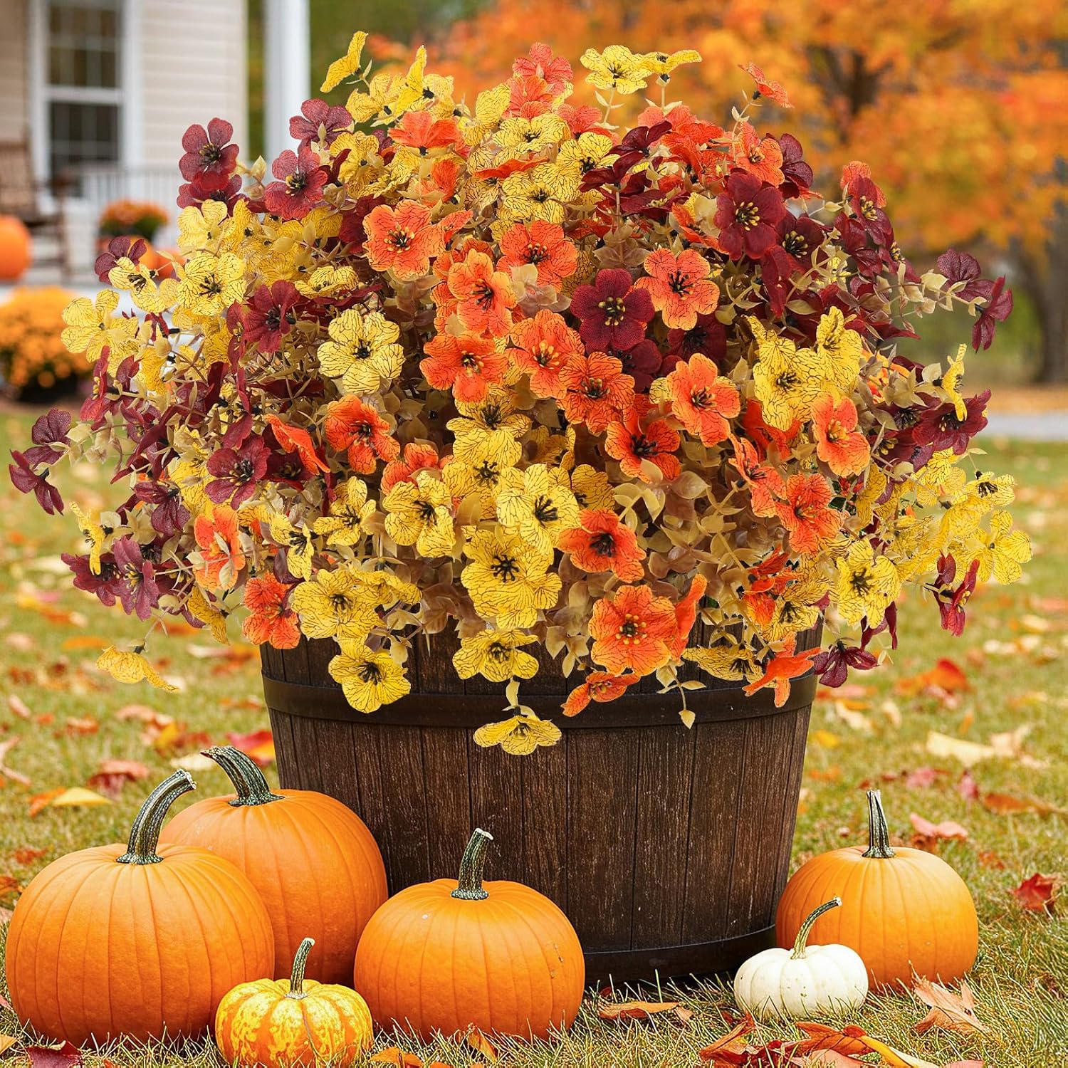 ATTGREAT Artificial Fall Flowers Outdoors UV Resistant Fake Mums Bulk Outside Faux Mums Plants Decorations for Home Garden Porch Hanging Planter Autumn Decor, 12 Bundles (Mix Orange Yellow Fall Red)