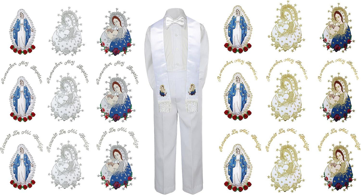 Baby Boy Christening Baptism White Pants Set Bow tie Mary & Pope Stole Sm-7