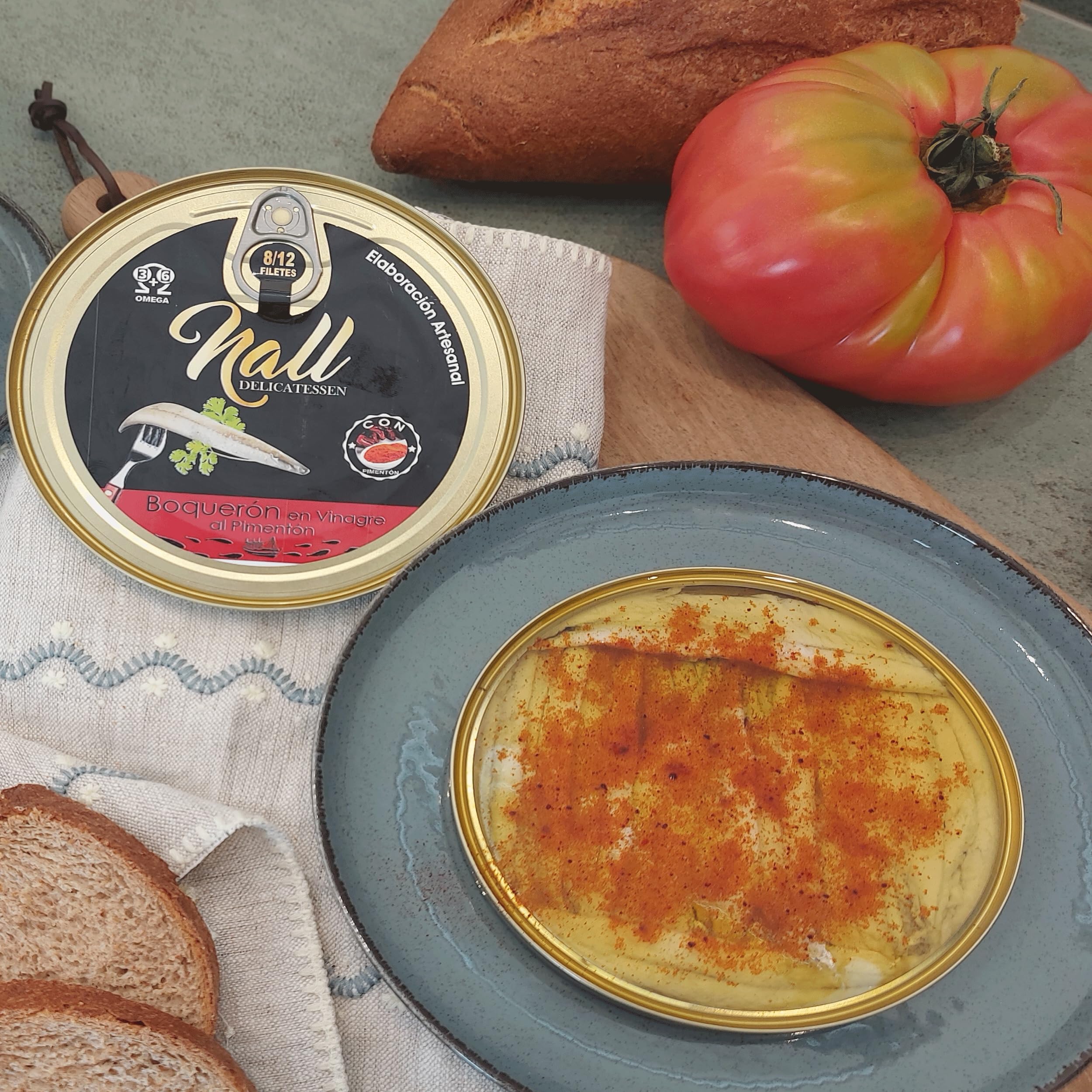 NALL DELICATESSEN (Pack 3 Latas) Lata Anchoas del Cantábrico XXL 000 + Lata Ventresca Atún Salvaje (Ijada o Jamón de Mar) Ahumadaa + Lata de Boquerón en Vinagre con Pimentón