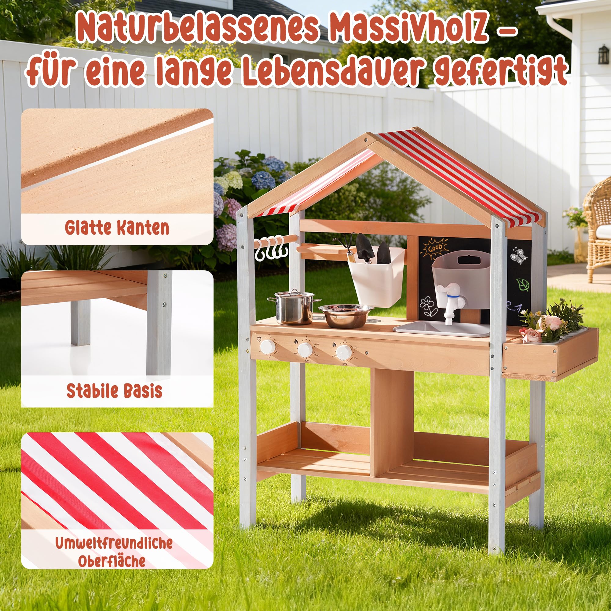 ROBUD Matschküche Outdoor Holz mit Sonnendach, Spielküche Kinder Matschküche im Freien mit Pflanzkasten, Herd, Funktionierendem Wassertank, Wasserhahn & Spüle, Tafel, Spielküche Kinder ab 3 Jahren