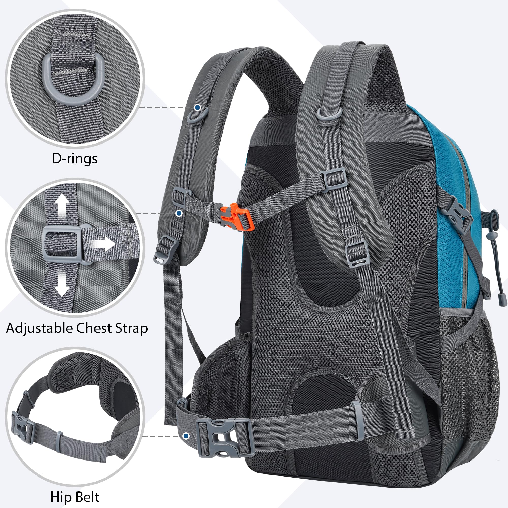 Mochila de senderismo de 30 L, ligera, mochila de viaje para hombres y mujeres, para acampar al aire libre, mochilero, Azul, Mochilas de viaje 6