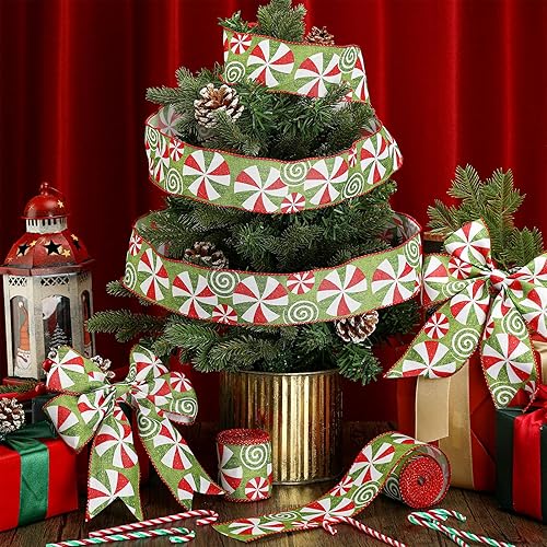 Miniatura 4 de Cinta de arpillera con borde con alambre de menta y caramelo de Navidad de 2.5 pulgadas de ancho, cinta de arpillera para manualidades, corona,