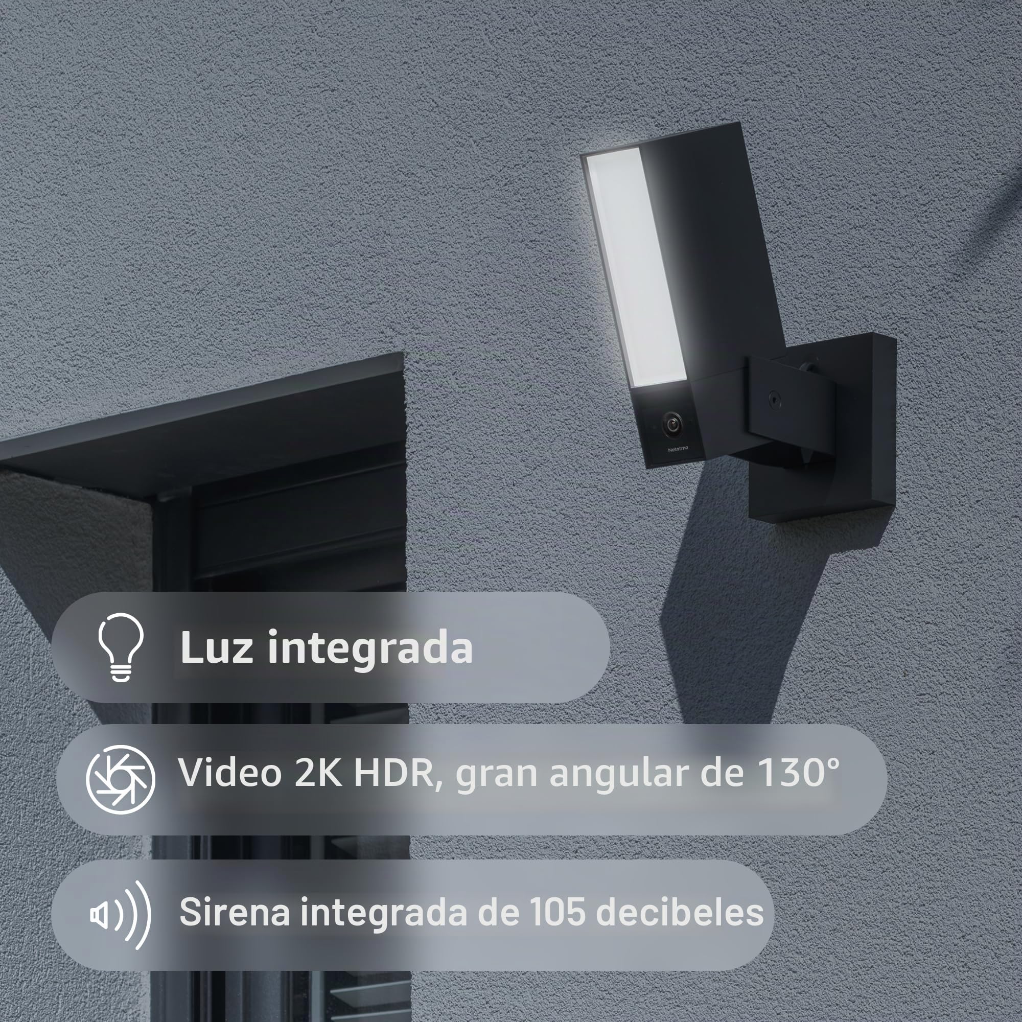 NETATMO Cámara de Vigilancia Exterior. WiFi 5 GHz, 2K HDR, Detección IA Personas/Vehículos/Animales, Proyector LED 12 W, Sirena Integrada 105 dB, Almacenamiento Local, Sin suscripción, Negra﻿, NOC-2-A
