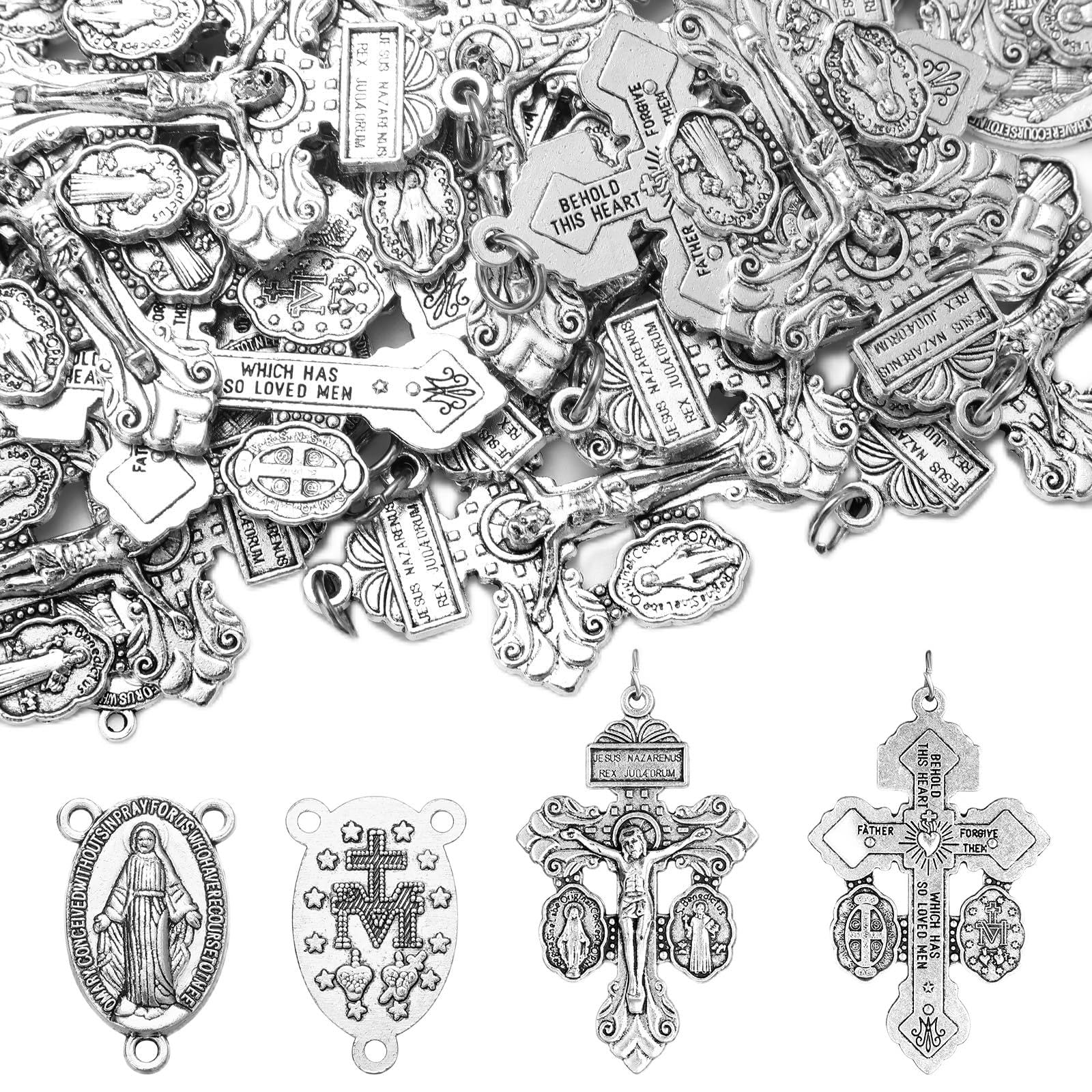 40pcs/20set Crucifix for Rosary Making Kit 2.2 Inch Pardon Crucifix Cross Charms Pendants Bulk Oval Alloy Catholic Jesus Maria Links Pendant for DIY Jewelry Making Supplies
