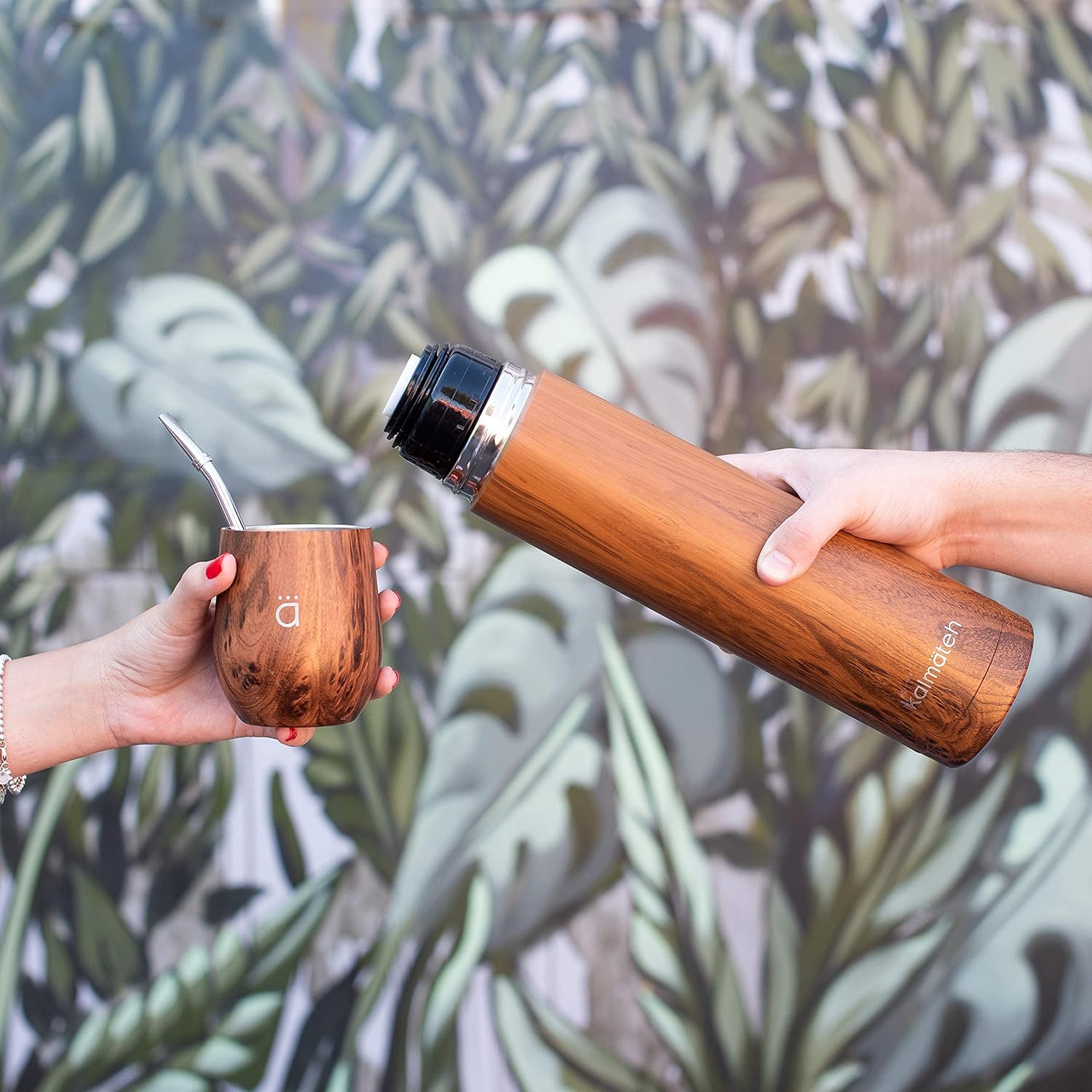 Kalmateh Yerba Mate Set – Mate Gourd with Lid, Alpaca Bombilla, Thermos, Matera Carry Tote and Organic & Kosher Yerba Mate (Wood, 1000ml): Home & Kitchen