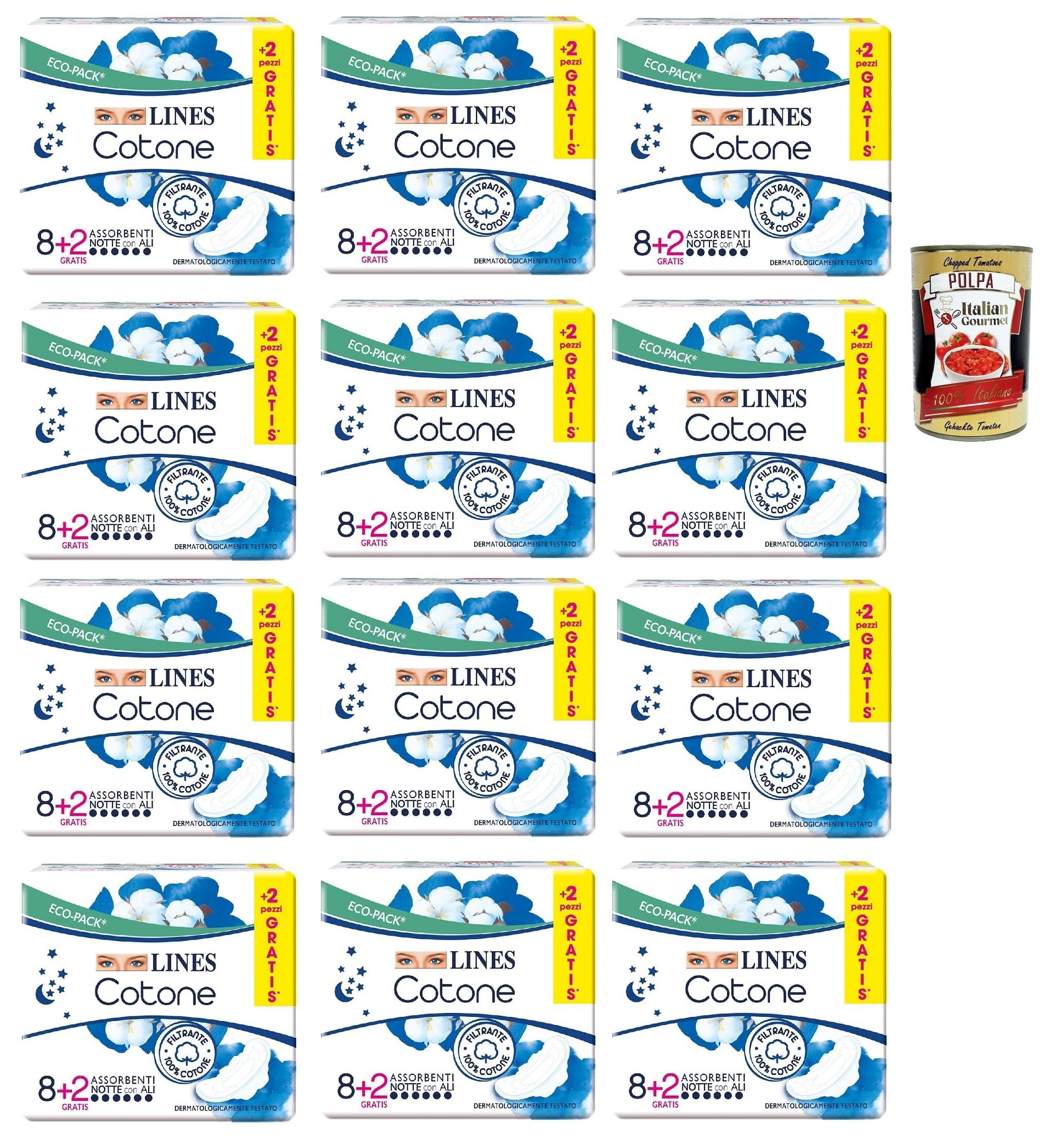 Italian Gourmet Cotone assorbenti notte Baumwolle 12 x 10 Stück | Ipoallergenici e morbidi, Damenbinden für die Nacht, reine Faser, Gesamtnettogewicht 120 Stück + Kostenlos Polpa 400g