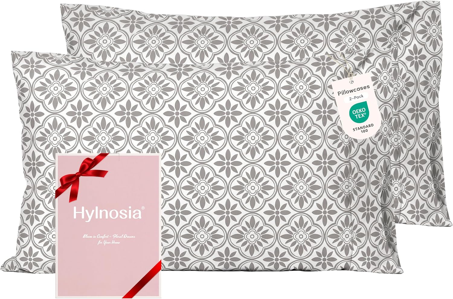 Ultra Soft Set of 2 King Size Pillowcase,Gray Vintage Floral,20x40