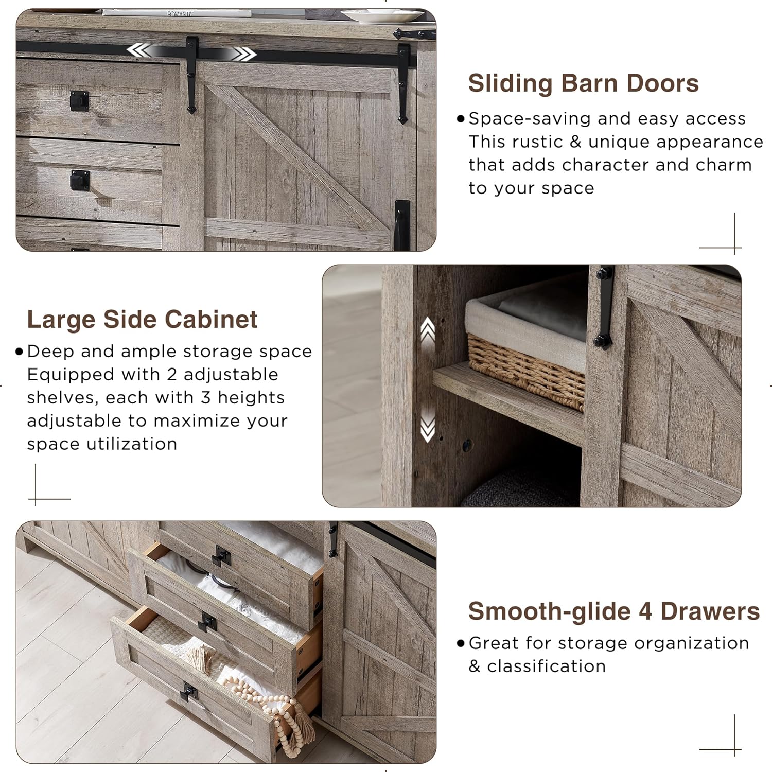 Детаљно view of sliding barn doors, adjustable shelves, and drawers
