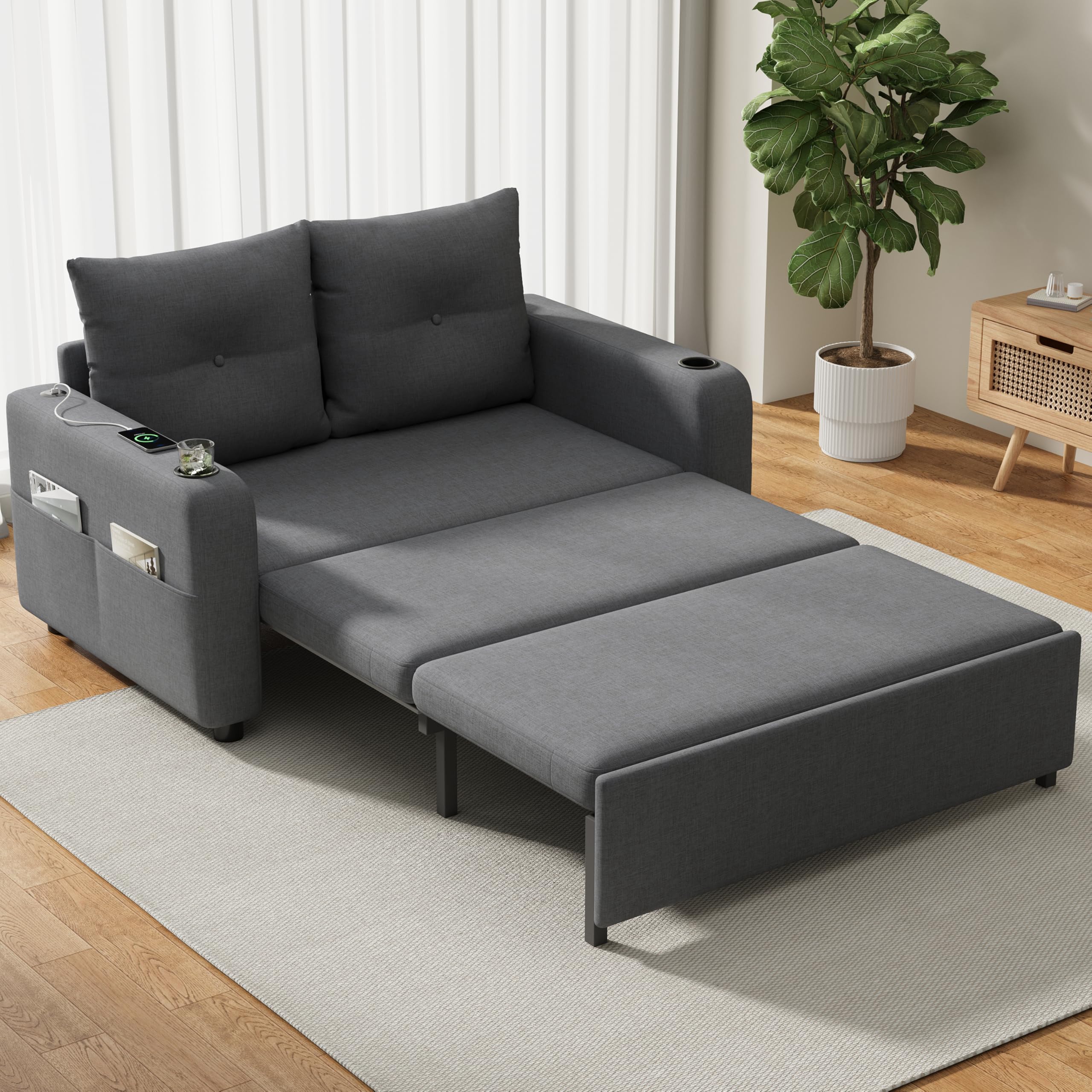 Divano letto 3 in 1, divano letto estraibile con funzione sonno, divano doppio con porta bevande, tasche laterali, cuscino e porta USB, design moderno, adatto per soggiorno e camera da letto (grigio)