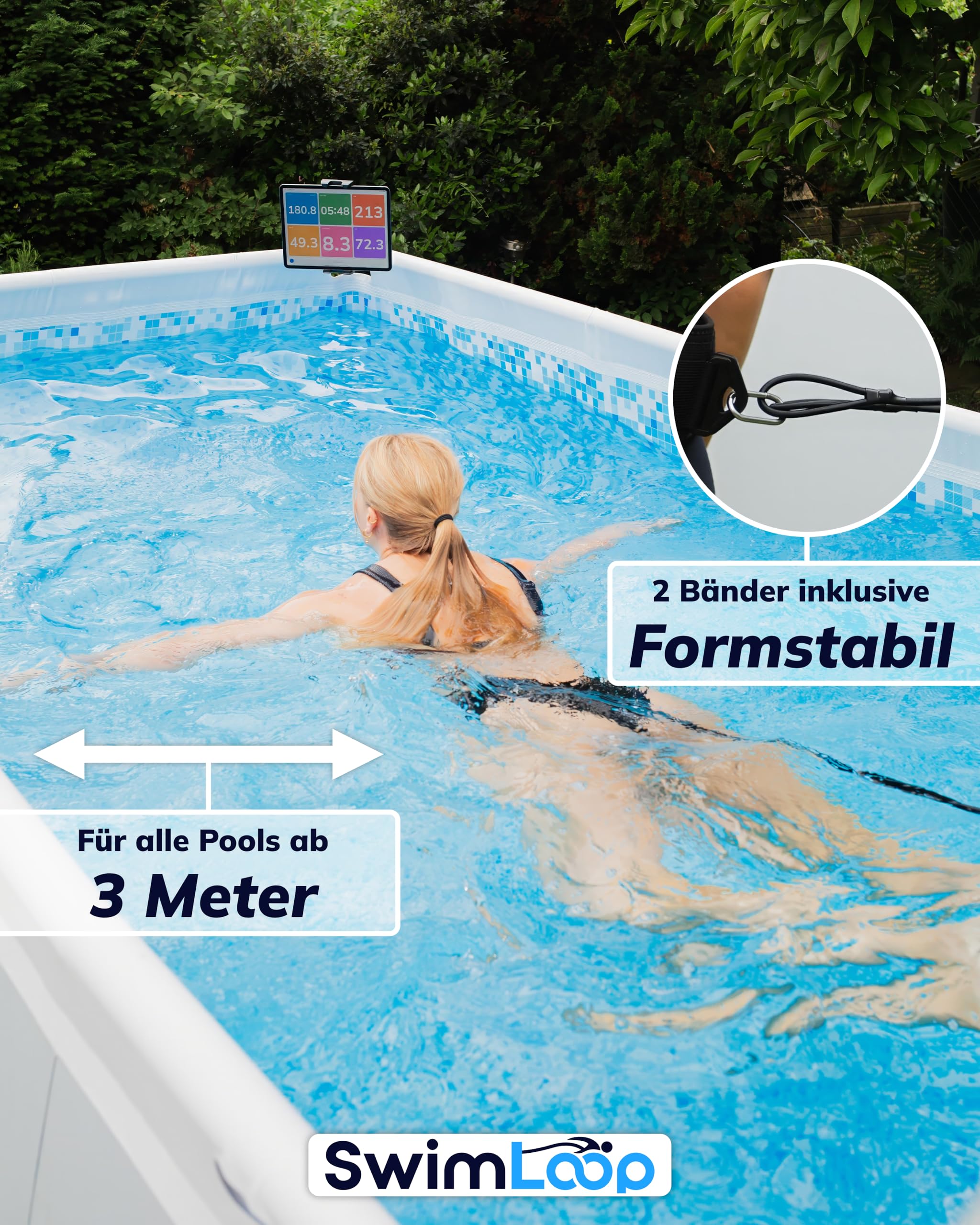 Premium Schwimmgurt Schwimmtrainer mit 2 x 2 Meter elastischen Gummibändern - Zugseil - Schwimmseil für Pool wie Gegenstromanlage zum Einhängen - Bauchgurt mit Schwimmband Widerstandstraining