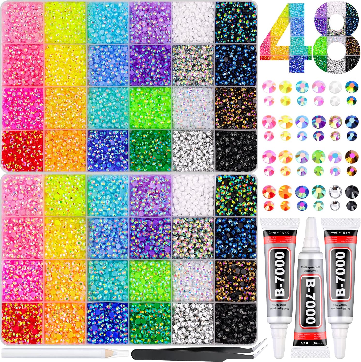 30000Pcs Resin Rhinestones for Bedazzling Kit, 2 Boxes Multicolor 3mm&4mm Bedazzled Crystal, Flatback Gems with 3Pcs 10ml B7000 Jewelry Glue for DIY Crafts Clothing Nail Art Makeup