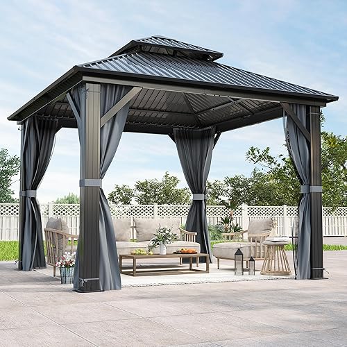 GARTOO 10'x10' Outdoor Hardtop Gazebo with Double Roof - Heavy-Duty Steel Top Aluminum Frame Gazebo with Breathable Netting & Privacy Curtain for Patio, Porch, Garden, Lawn, Deck, Backyard