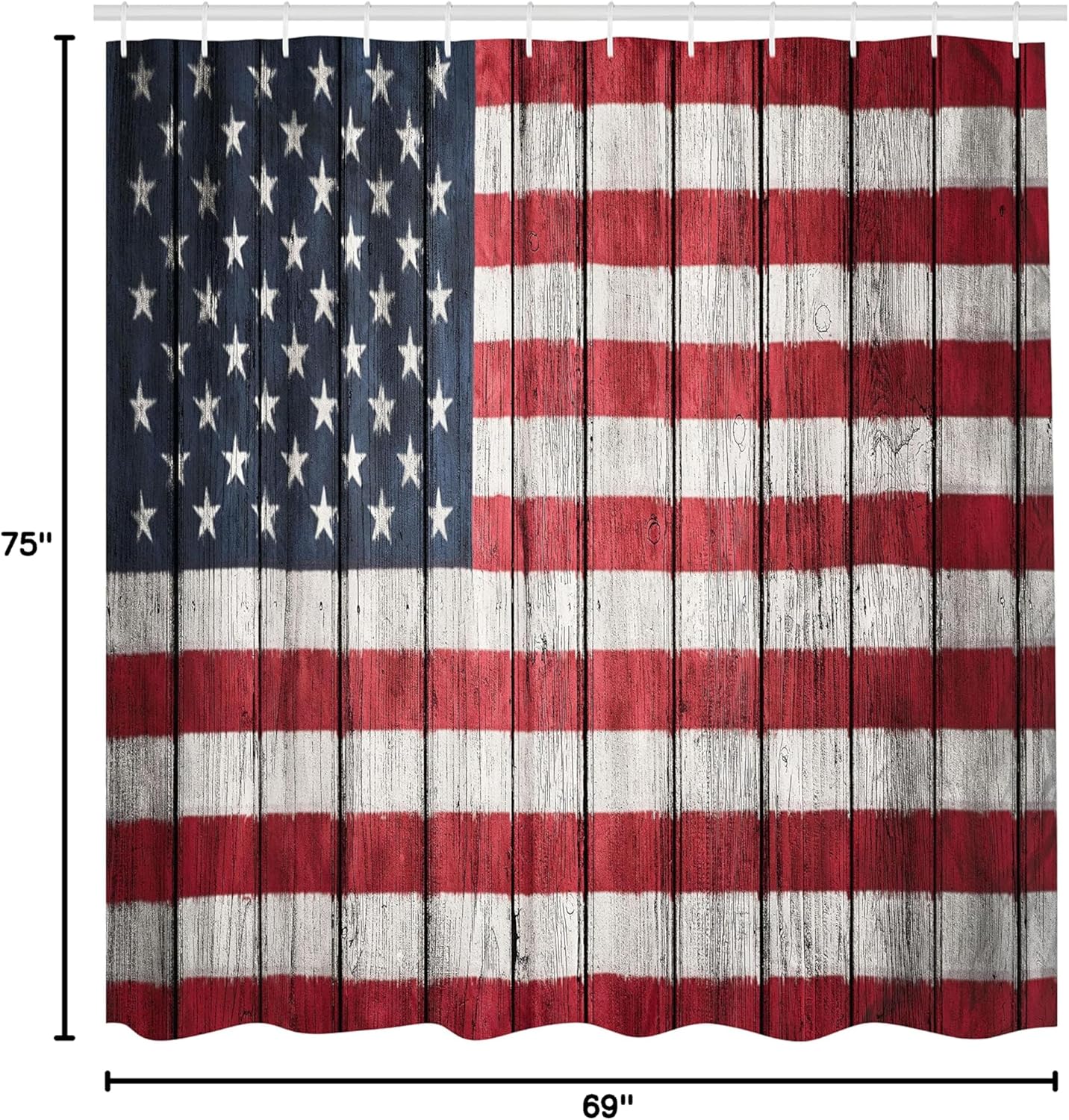 Ambesonne USA Shower Curtain, Fourth of July Independence Day National Democracy Art Rough Wood Print, Cloth Fabric Bathroom Decor Set with Hooks, 69" W x 75" L, Dark Blue White Red