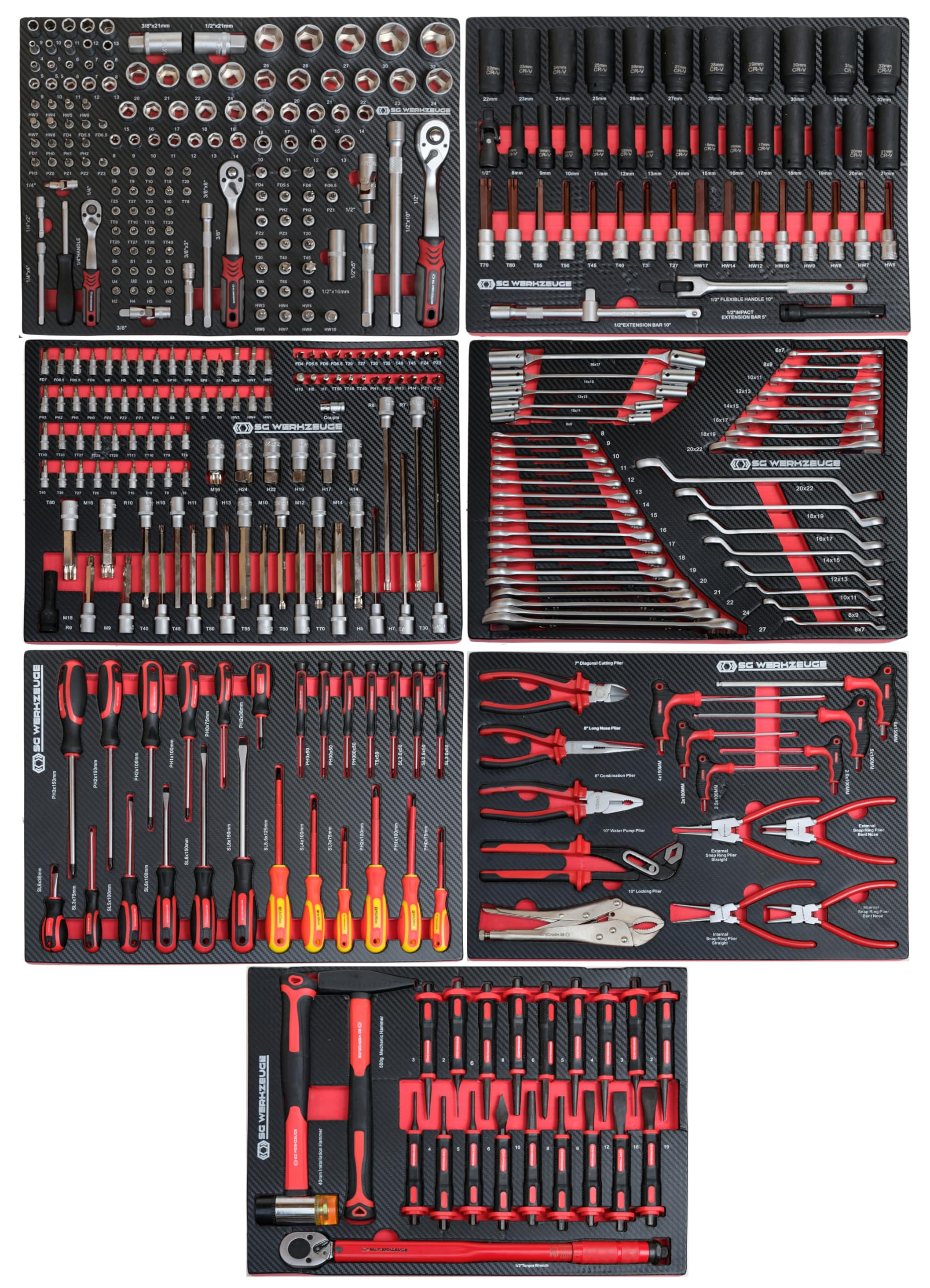 Chariot à outils XXL rempli de 7 tiroirs | Servante d'atelier de voiture avec insert aspect carbone | Boîte à outils de voiture équipée Red Black Edition