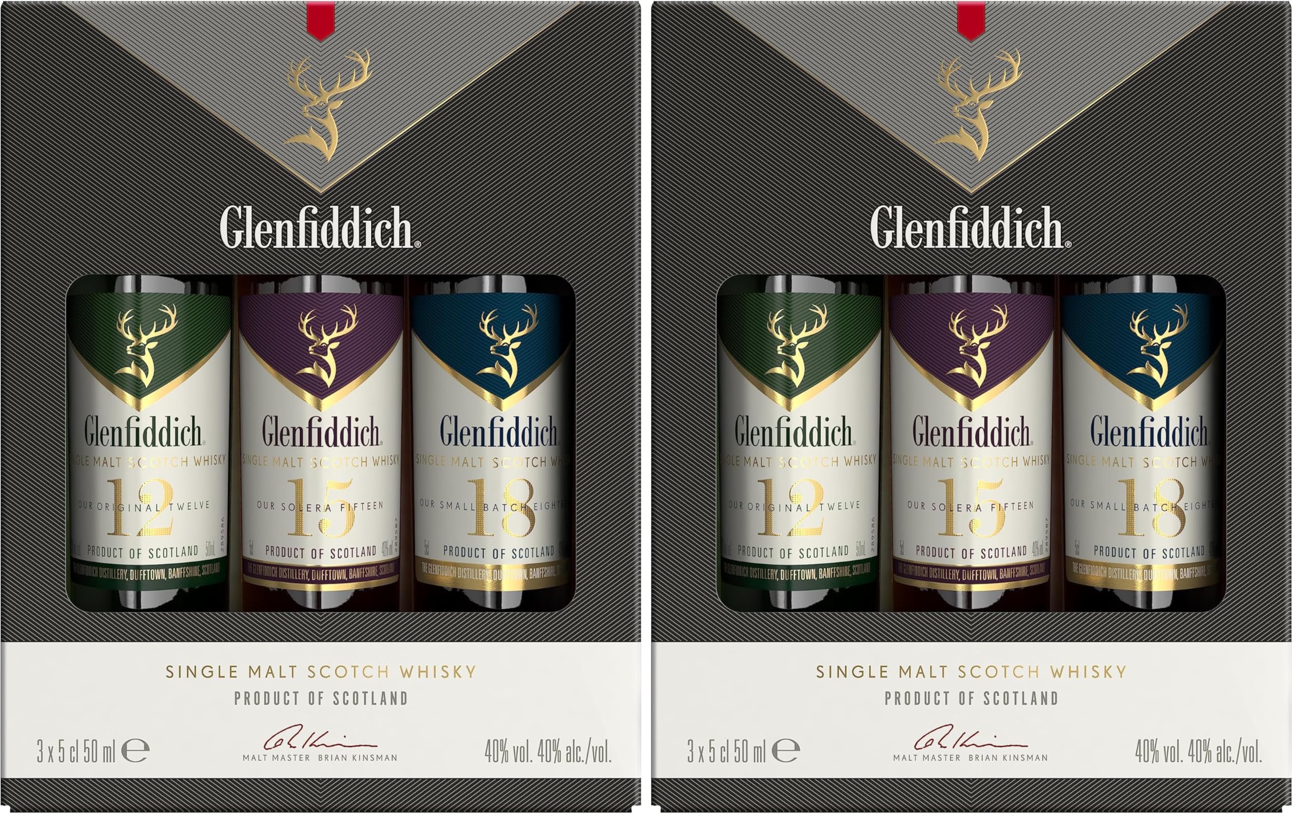Glenfiddich Single Malt Scotch Whisky Probierset (3 x 5cl) - 12 Jahre, 15 Jahre und 18 Jahre mit Geschenkverpackung - ein Geschenk zum Genießen (Packung mit 2)