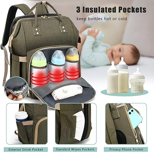 Miniatura 4 de VAOTVVO Mochila de pañales para bebé con cambiador para niño y niña, regalos de baby shower, Verde, Mochilas de viaje