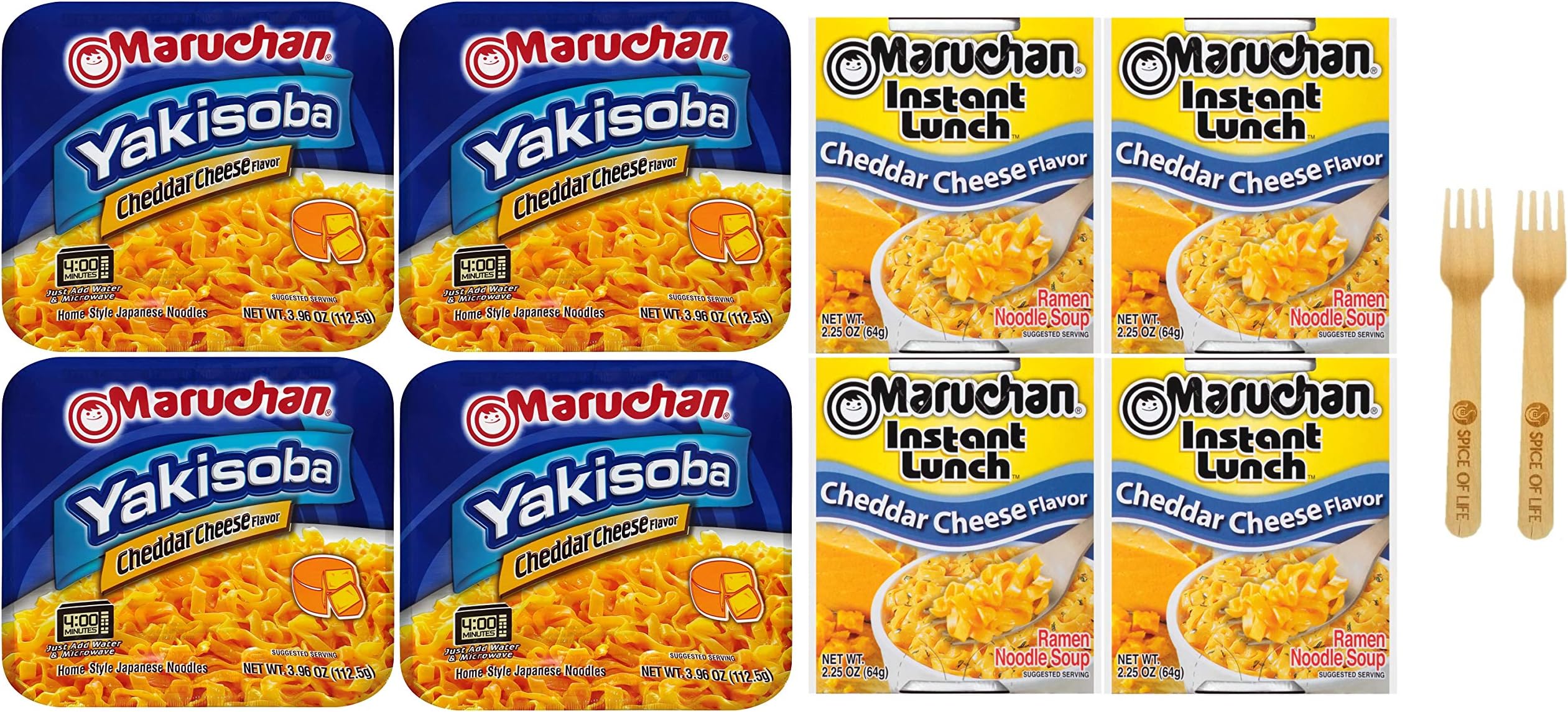 Instant Lunch and Yakisoba Cheddar Cheese Variety, 2.25-4 Ounce Packages (Pack of 8) - with Spice of Life Bamboo Sporks