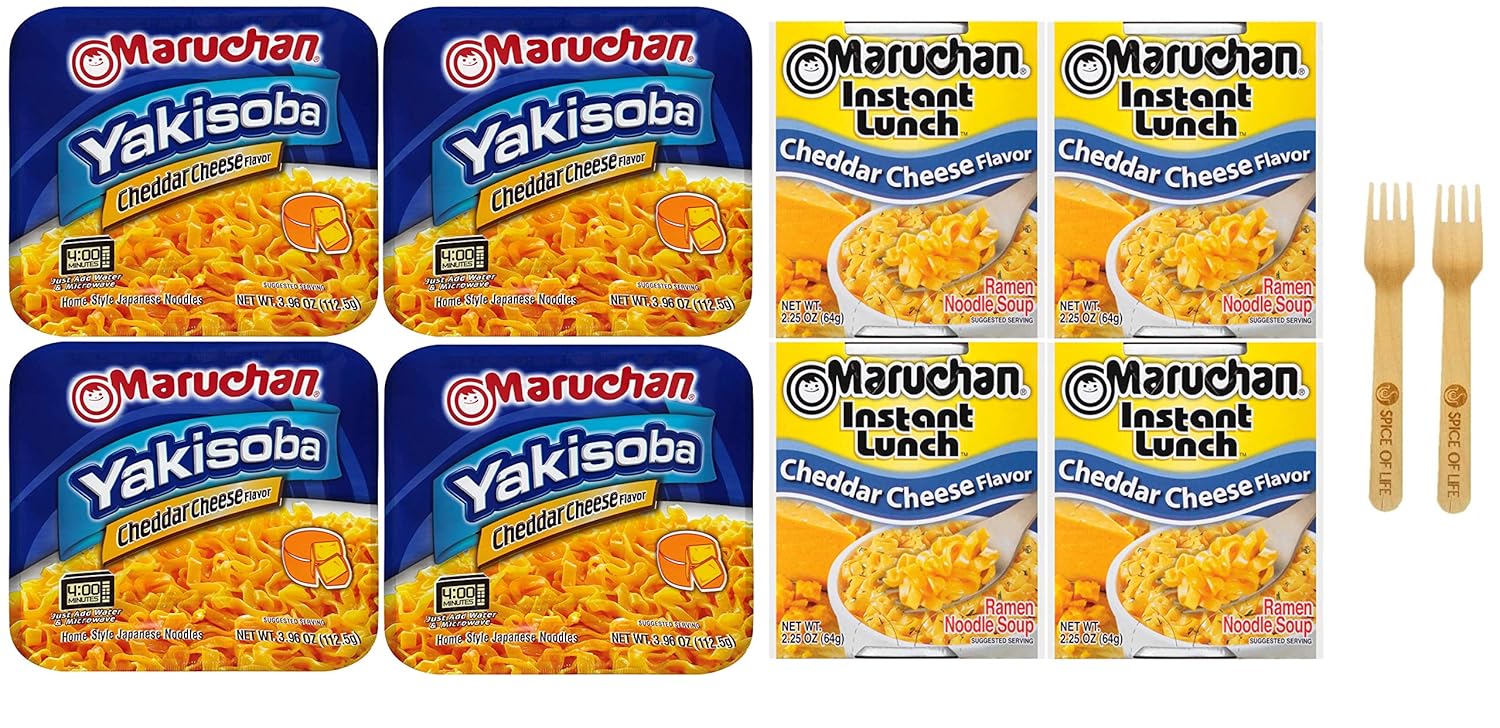 Instant Lunch and Yakisoba Cheddar Cheese Variety, 2.25-4 Ounce Packages (Pack of 8) - with Spice of Life Bamboo Sporks