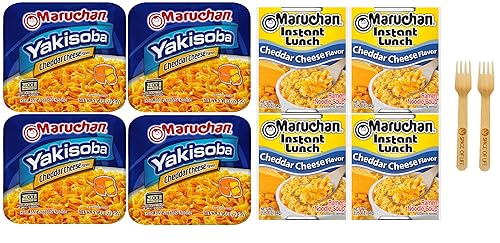 Instant Lunch y variedad de queso cheddar Yakisoba, paquetes de 2.25-4 onzas (paquete de 8)  con cucharones de bambú Spice of Life