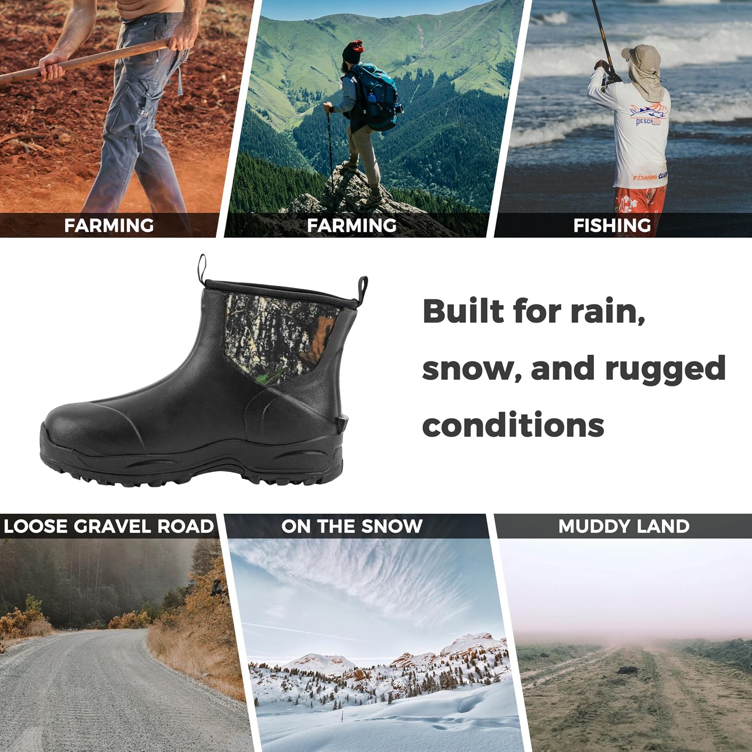 Ubon Insulated Rubber Boots for Men Waterproof Short Ankle Rain Boots | 5mm Neoprene Upper, Slip-On Fit, Mud Traction For Gardening, Fishing, Farming, Yard Work