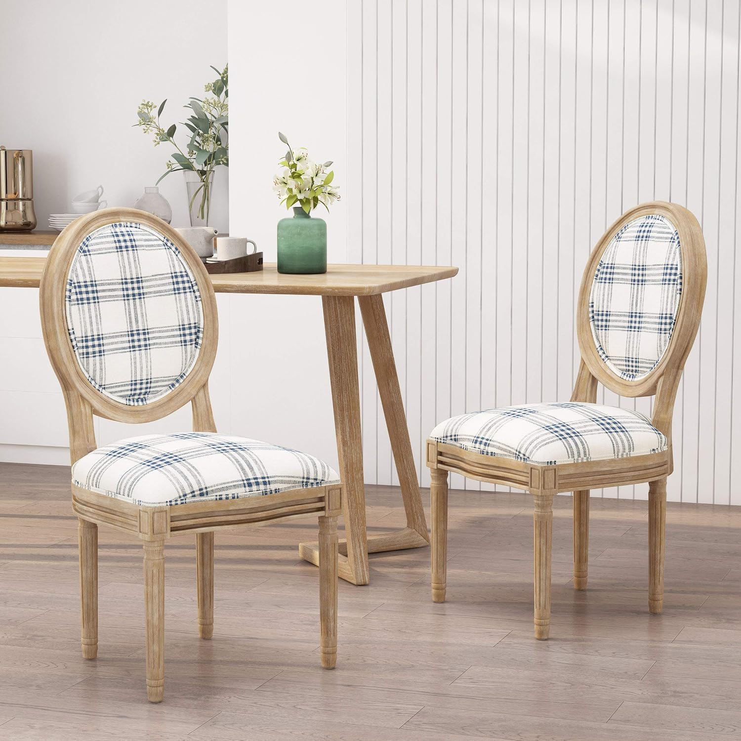 Christopher Knight Home Phinnaeus Dining Chair Set, Set of 2, Fabric, Dark Blue Plaid + Natural