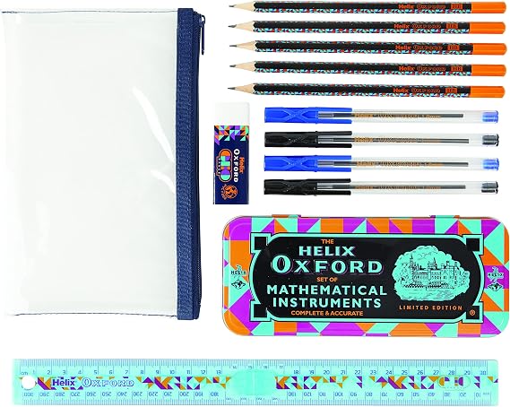 Helix Oxford Geo Complete Maths and Stationery Set - Oxford Maths Set, 30cm Folding Ruler, Ballpoint Pens, Eraser, Exam ready clear Pencil Case, Pencils - Orange Geometric Design