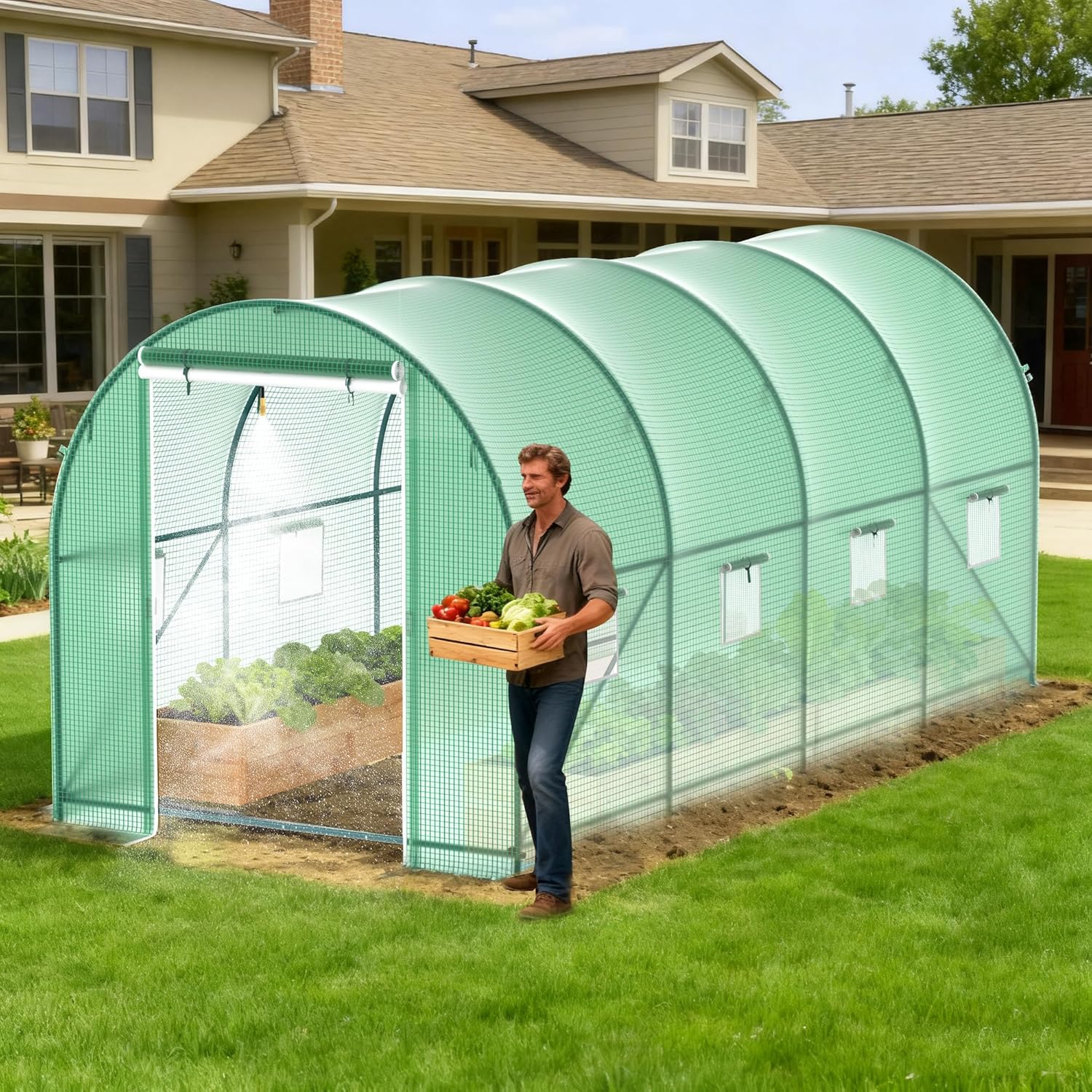 Greenhouses for Outdoors, Walk-in Green Houses for Outside Heavy Duty, Large Greenhouse with 6 Ventilated Screen Windows & Roll-up Door & Reinforced Frame (10×7×7 FT with Irrigation System)