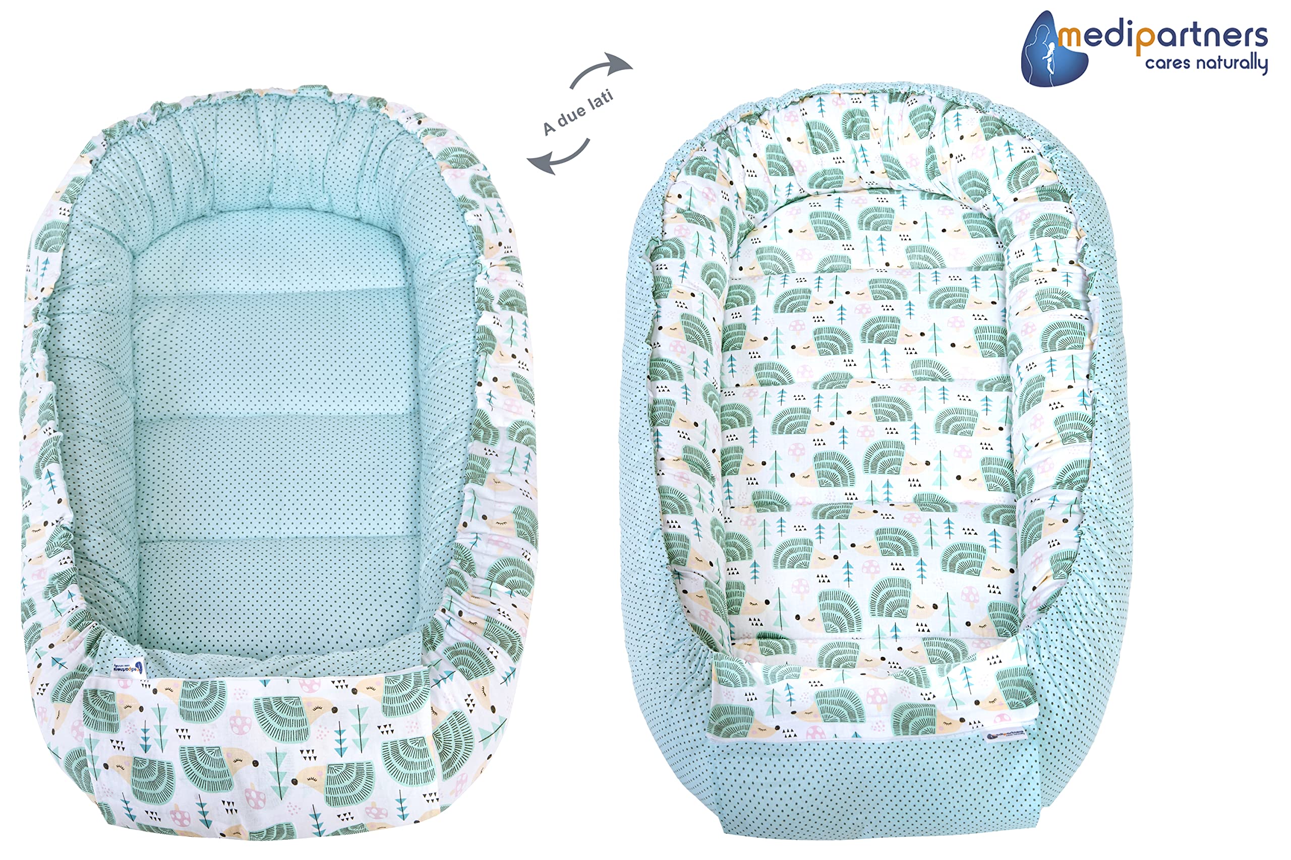 Medi Partners 5-Parti Nido per Bebè 100x60x15 Inserto Rimovibile Letto Cuscino Coperta bambini neonati 100% Cotone (Ricci con Menta Minky)