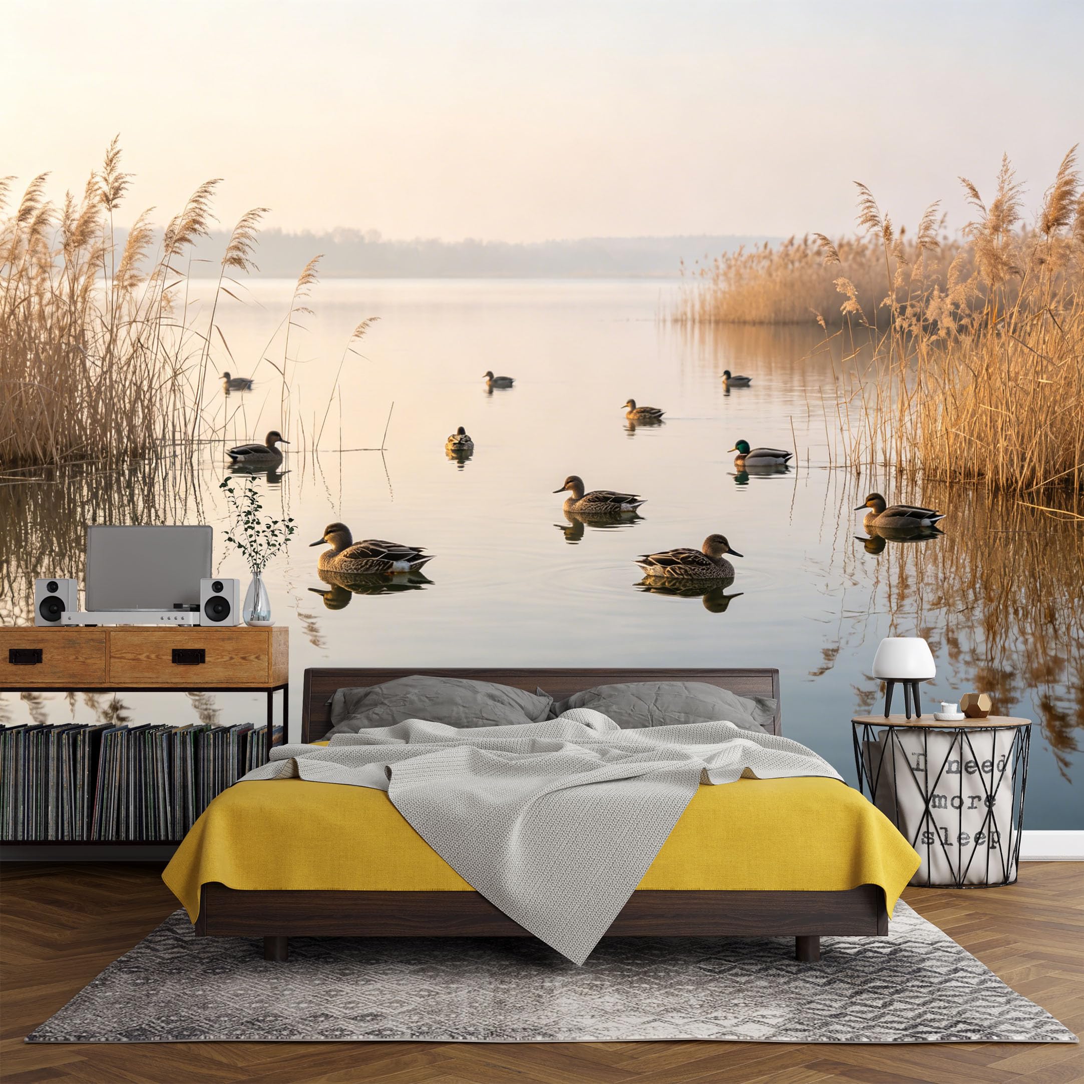 Custom Size Wall Mural， Lake Ducks Reeds Sunrise Landscape Nature Scenic，SelfAdhesive Art Prints wall Fabric (No PVC) Removable Wallpaper Living Room Decor
