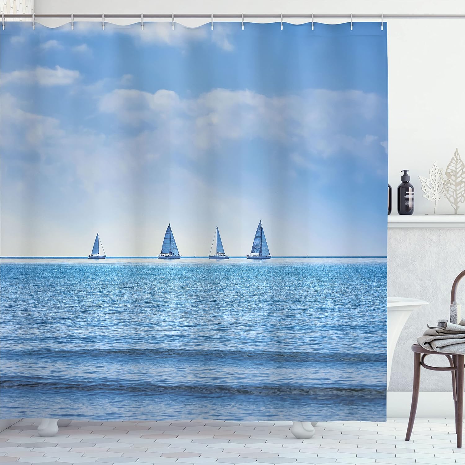 Ambesonne Nautical Shower Curtain, Racing Yachts on Ocean Water Regatta Race Panoramic Distant View Relax Win Photo, Cloth Fabric Bathroom Decor Set with Hooks, 69" W x 84" L, Pale Blue