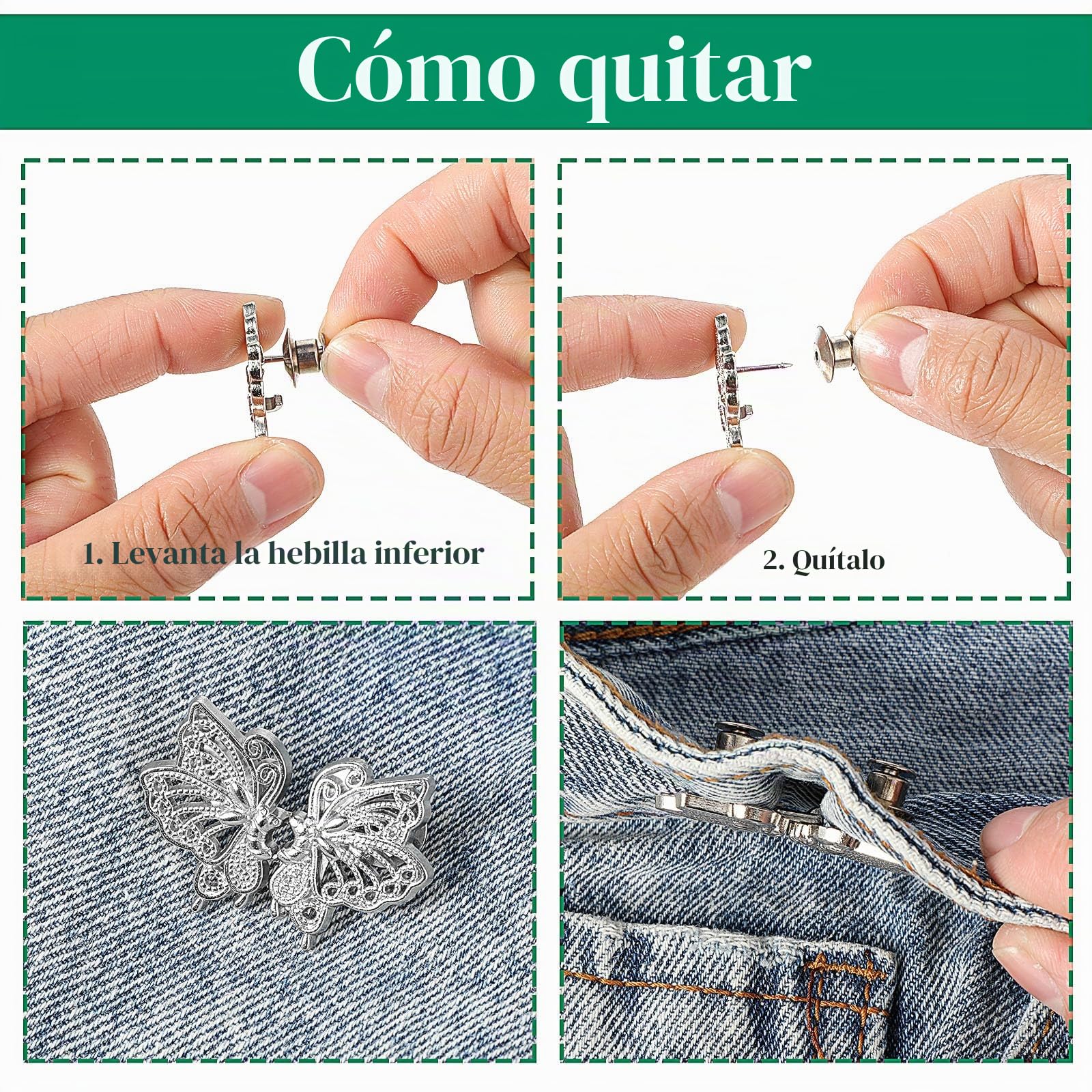 Andibro Juego de 4 tensores de cintura ajustables, hebillas de cintura desmontables, botones de ajuste para pantalones, jeans, faldas, mangas, plateado
