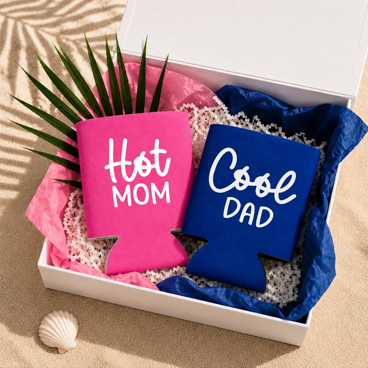 Pink Palm Co. HOT MOM & COOL DAD Can Cooler Set – Funny Baby Shower Gift for Parents – Insulated Foam Beer & Seltzer Can Sleeves