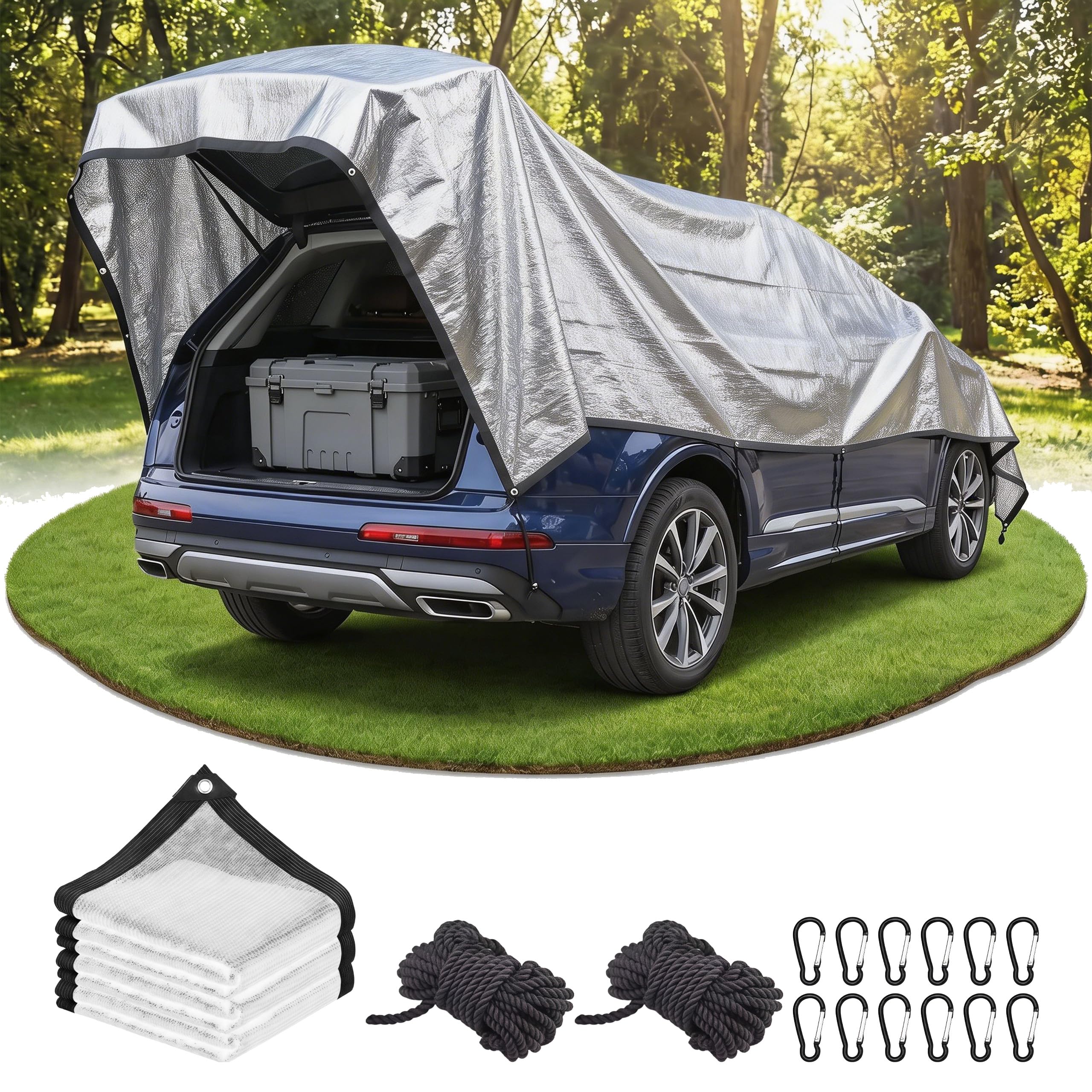 Sonnenschutz Auto 3x4m Aluminiumnetz 80% UV-Schutz Atmungsaktiv Sonnenschutz mit Zubehör für Camping Urlaub