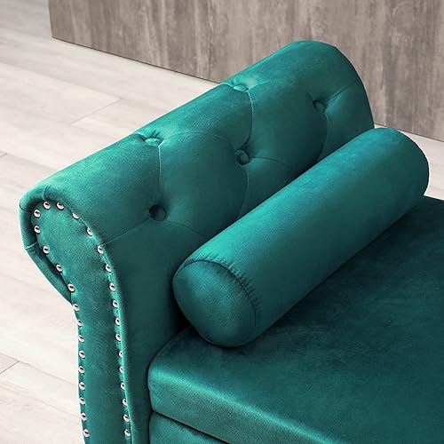 Miniatura 5 de ERDAYE Banco otomano tapizado de terciopelo de 63 pulgadas con botones y brazos enrollables patas de madera maciza recortadas y 1 almohada