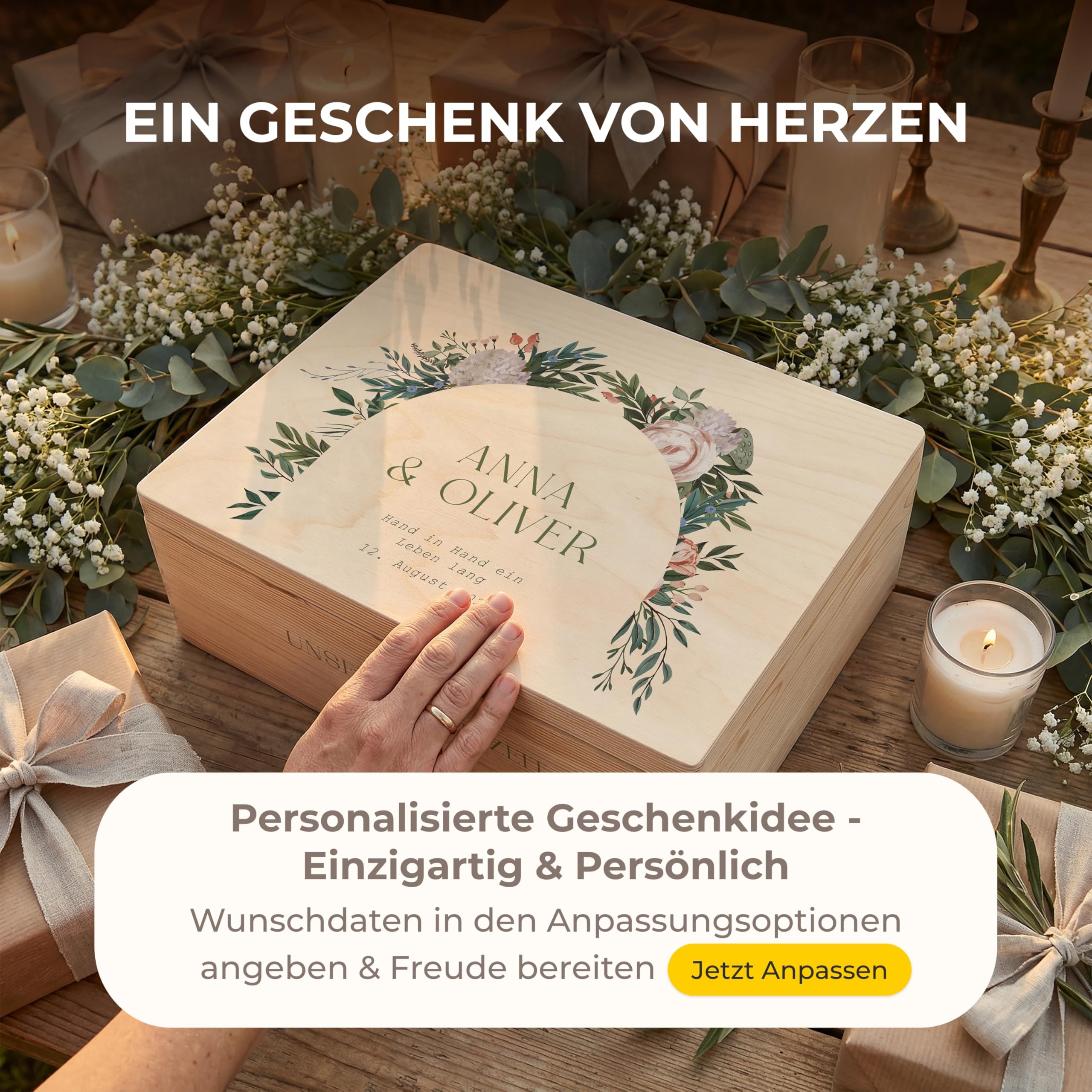 Amari ® Personalisierte Erinnerungsbox aus Holz | Blütenbogen (001.09) | Individuelles Hochzeitsgeschenk Erinnerung Hochzeit Personalisiertes Holzkiste