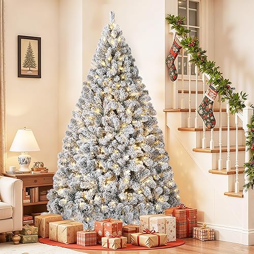 4.5 ft Christmas Tree, Christmas Decorations with 100 Lights, Pre-lit Artificial Christmas Tree with 318 Snowy White PVC Branches, Flodable Metal Stand＆Easy Assembly