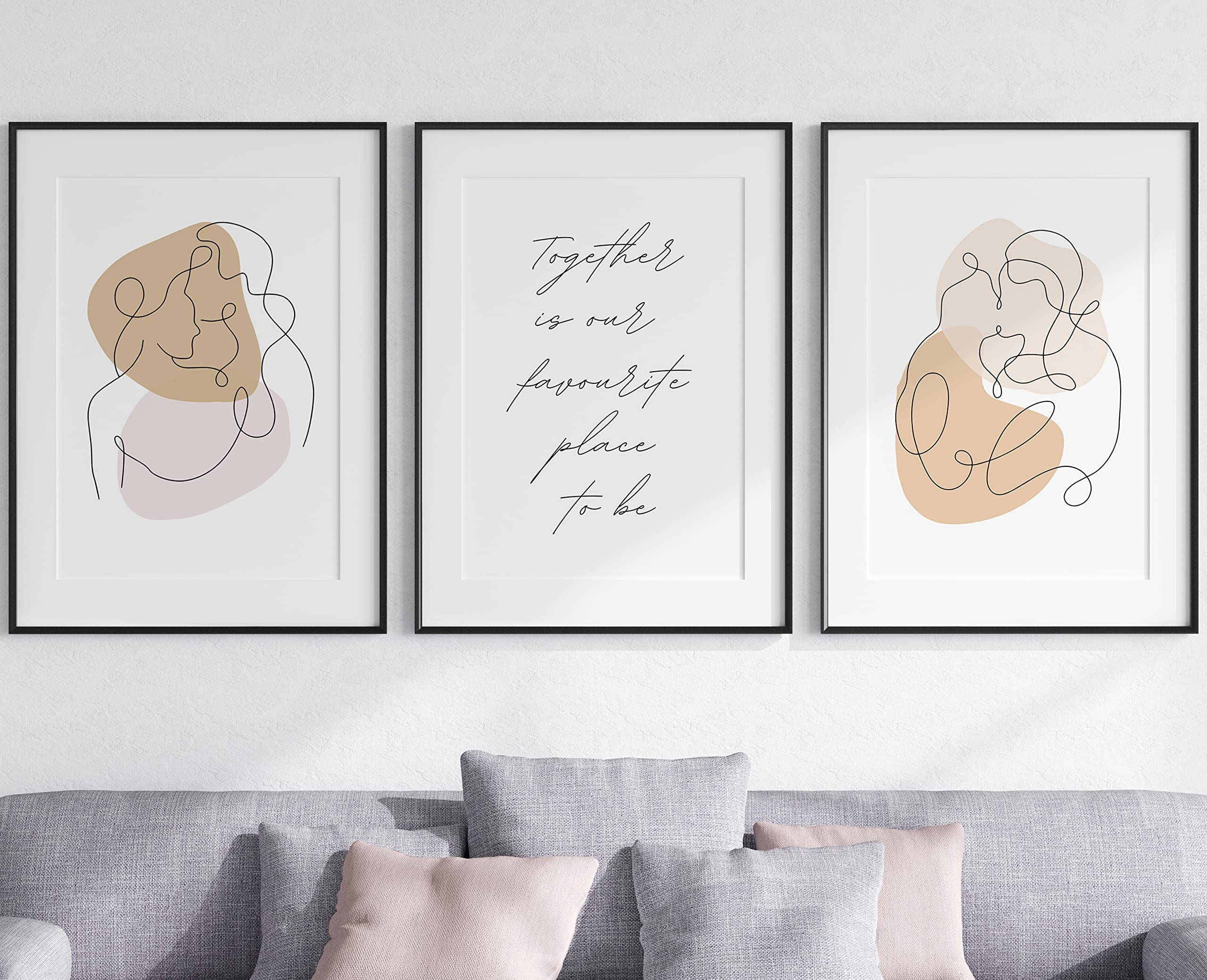 Eviepops Prints Together Is Our Favourite Place To Be Set of 3 Unframed Line Wall Art Print, Modern Abstract, Home Décor