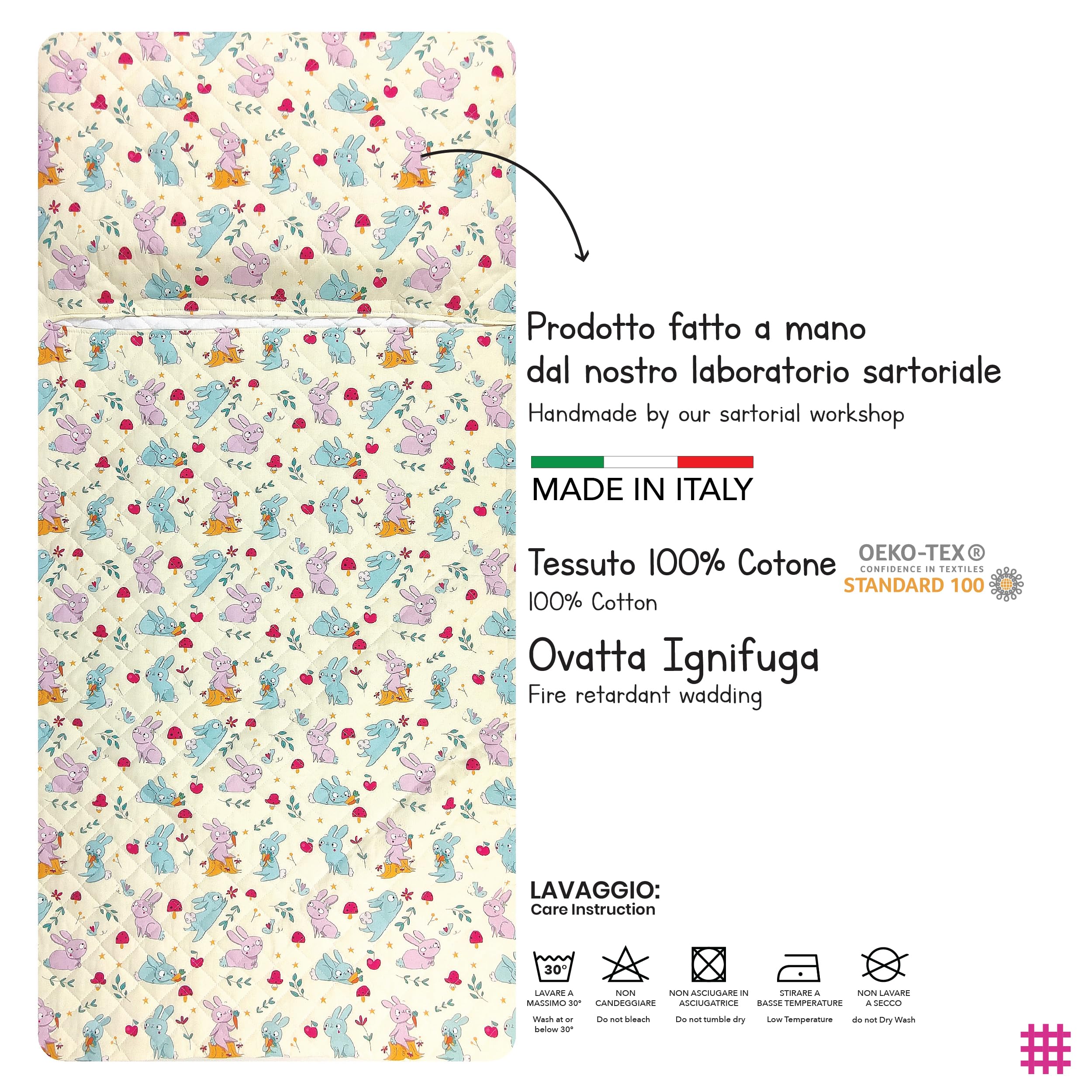 Sacco Nanna per Bimbo e Bimba da 2 a 6 Anni - Tessuto Trapuntato 100% Cotone - Made in Italy (Sacco Nanna coniglietti)