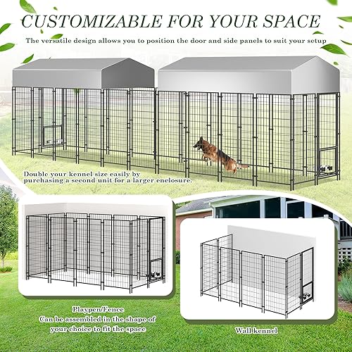 Miniatura 6 de Grepatio Perrera para perros grandes, 8 x 4 x 5.7 pies con alambre soldado resistente al agua, valla de acero para corral de perros con 2 cuencos